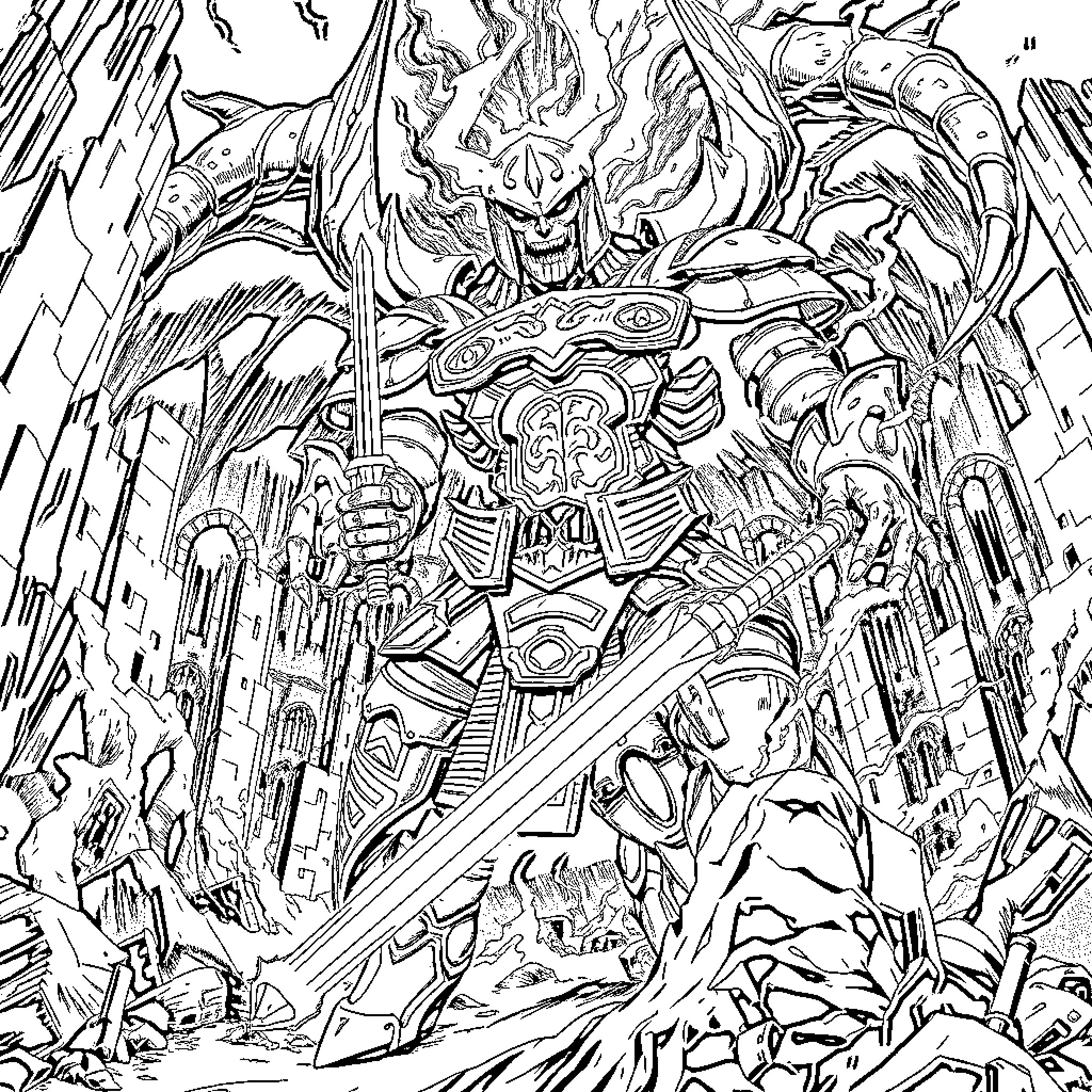 Doom Slayer's Relentless Battle Against the Demonic Forces Coloring Page (free black-and-white line drawing printable PDF for all, from beginners to advanced learners, including children, teens, adults, and seniors)