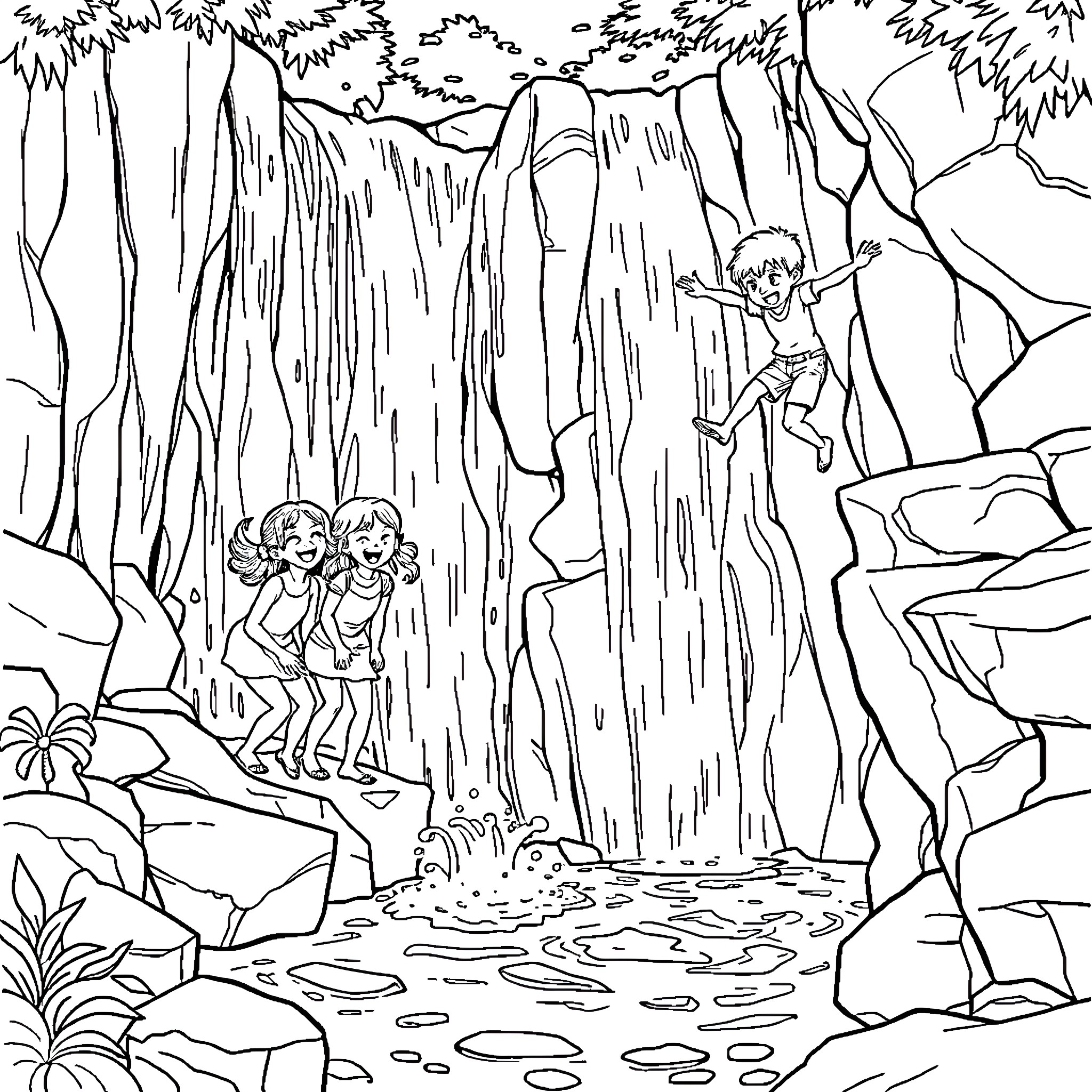 Waterfall adventure with playful figures Coloring Page (free black-and-white line drawing printable PDF for all, from beginners to advanced learners, including children, teens, adults, and seniors)