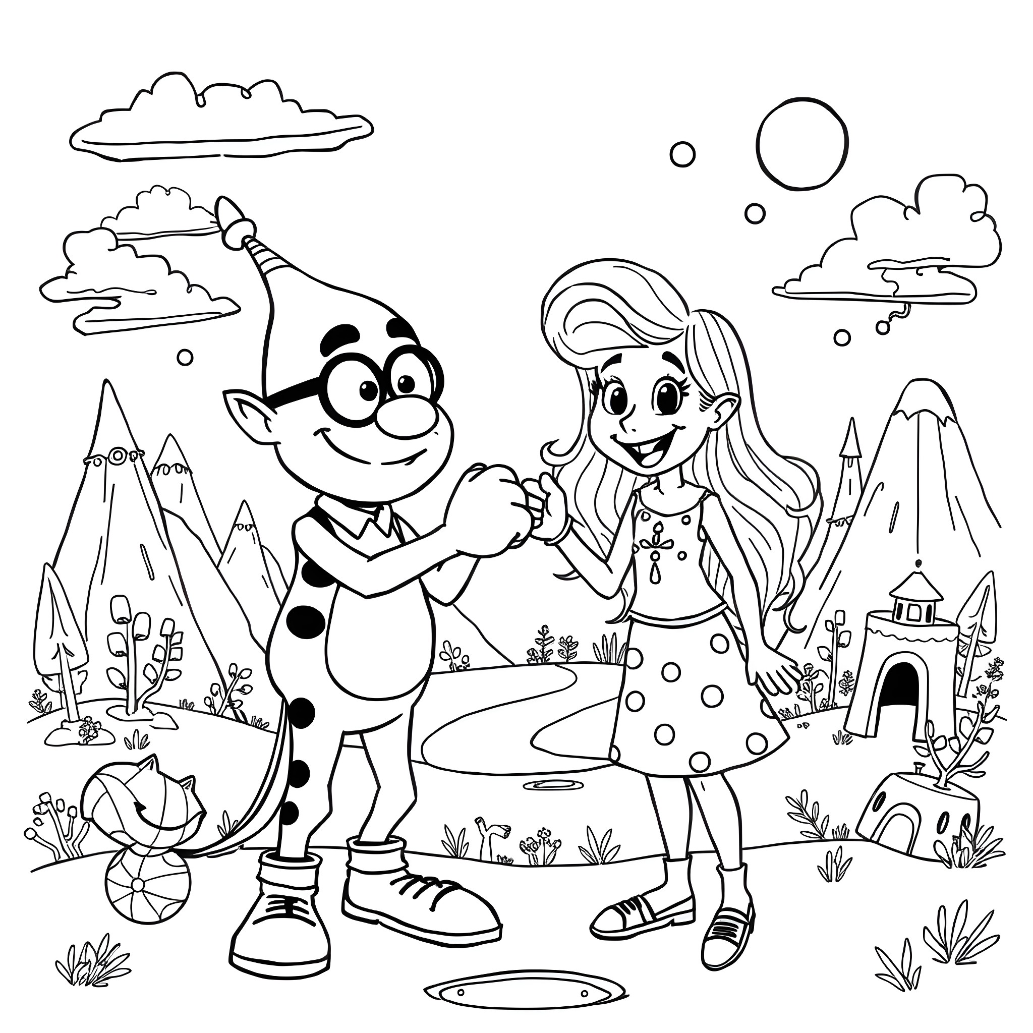 Character friends enjoying a day in the countryside Coloring Page (free black-and-white line drawing printable PDF for all, from beginners to advanced learners, including children, teens, adults, and seniors)