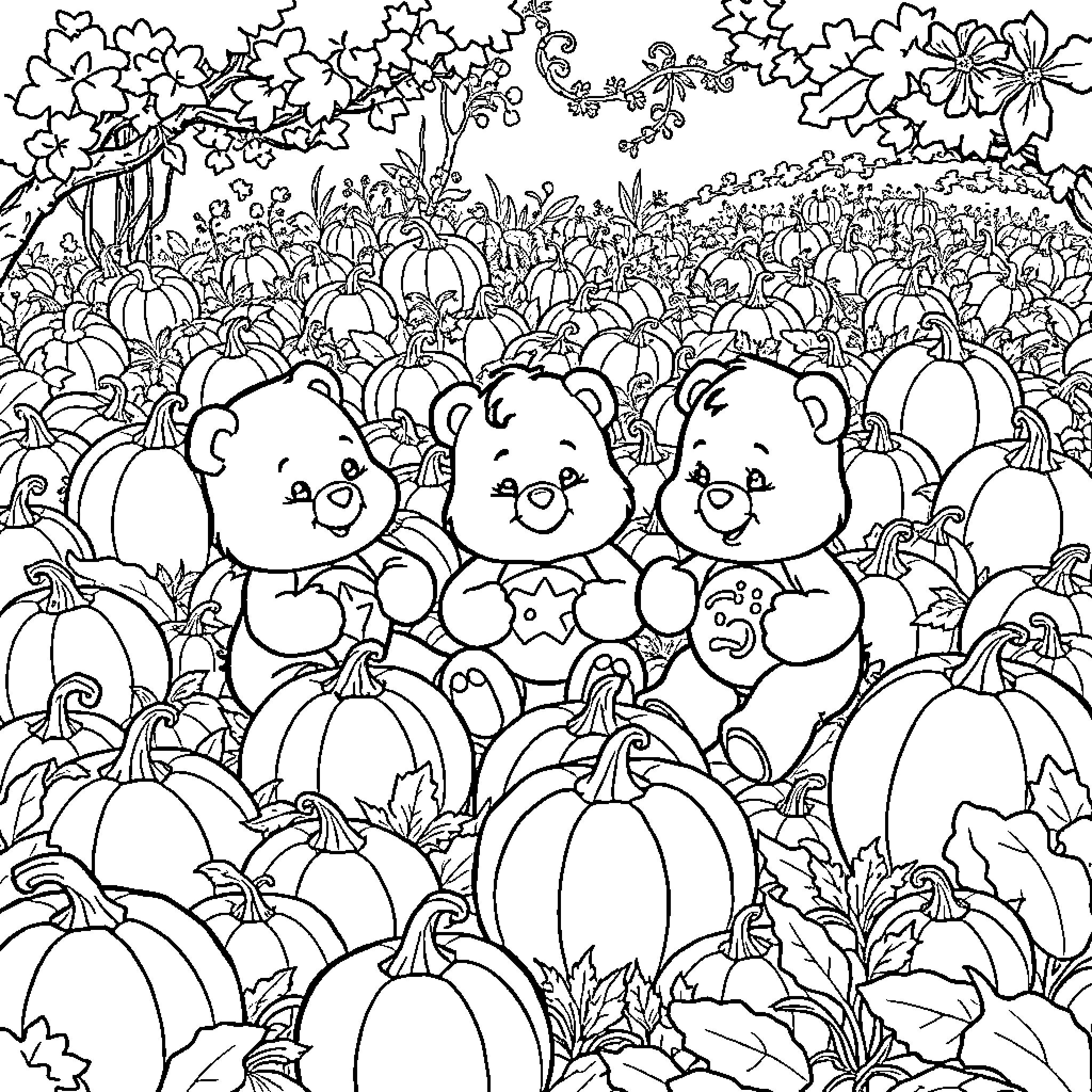 Care Bears playing among pumpkins and flowers Coloring Page (free black-and-white line drawing printable PDF for all, from beginners to advanced learners, including children, teens, adults, and seniors)