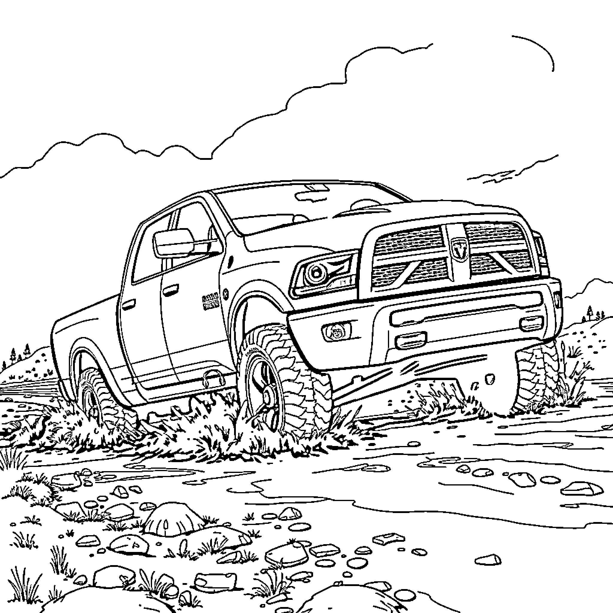 Dodge Ram truck traversing rugged terrain Coloring Page (free black-and-white line drawing printable PDF for all, from beginners to advanced learners, including children, teens, adults, and seniors)