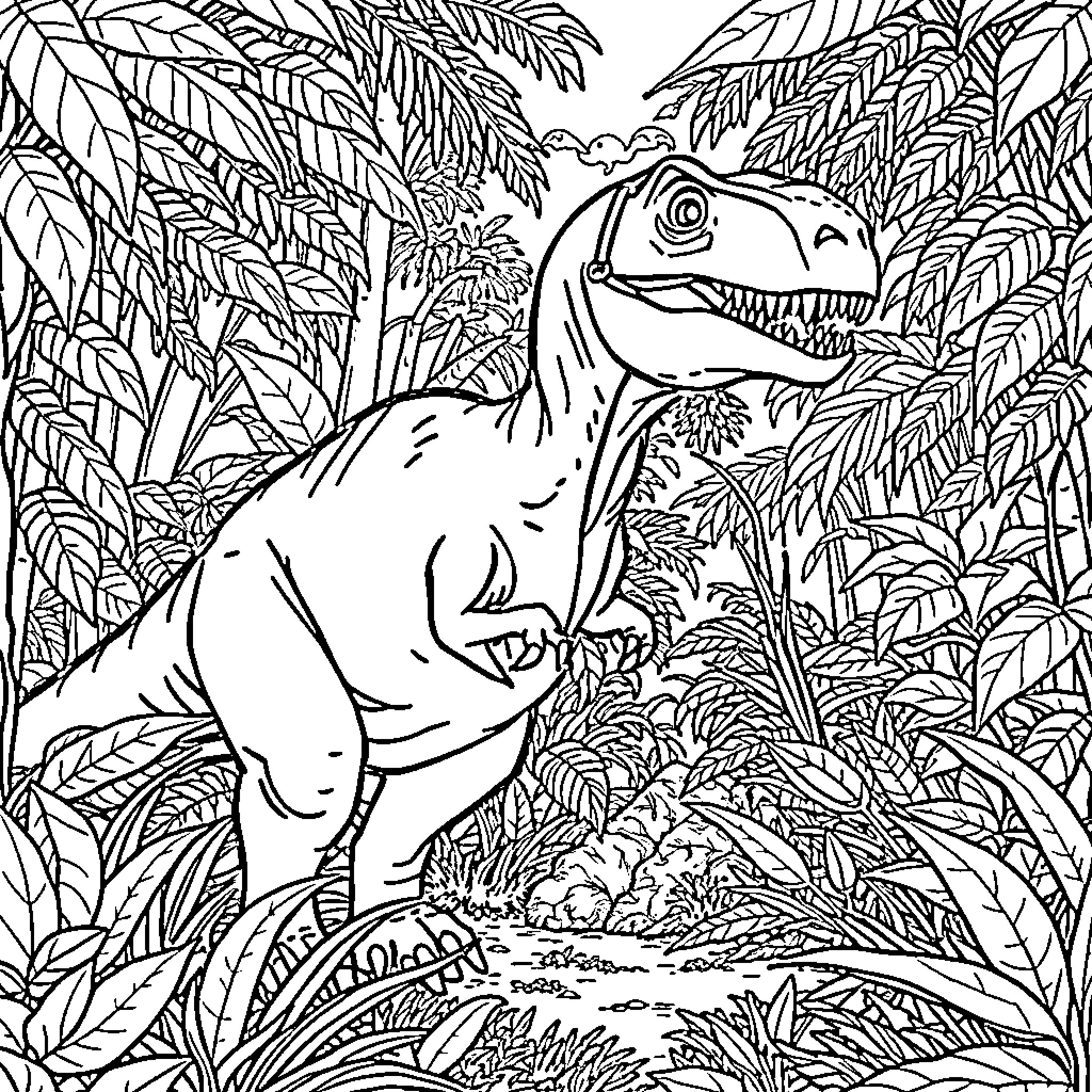 Dinosaur exploring the lush jungle landscape Coloring Page (free black-and-white line drawing printable PDF for all, from beginners to advanced learners, including children, teens, adults, and seniors)