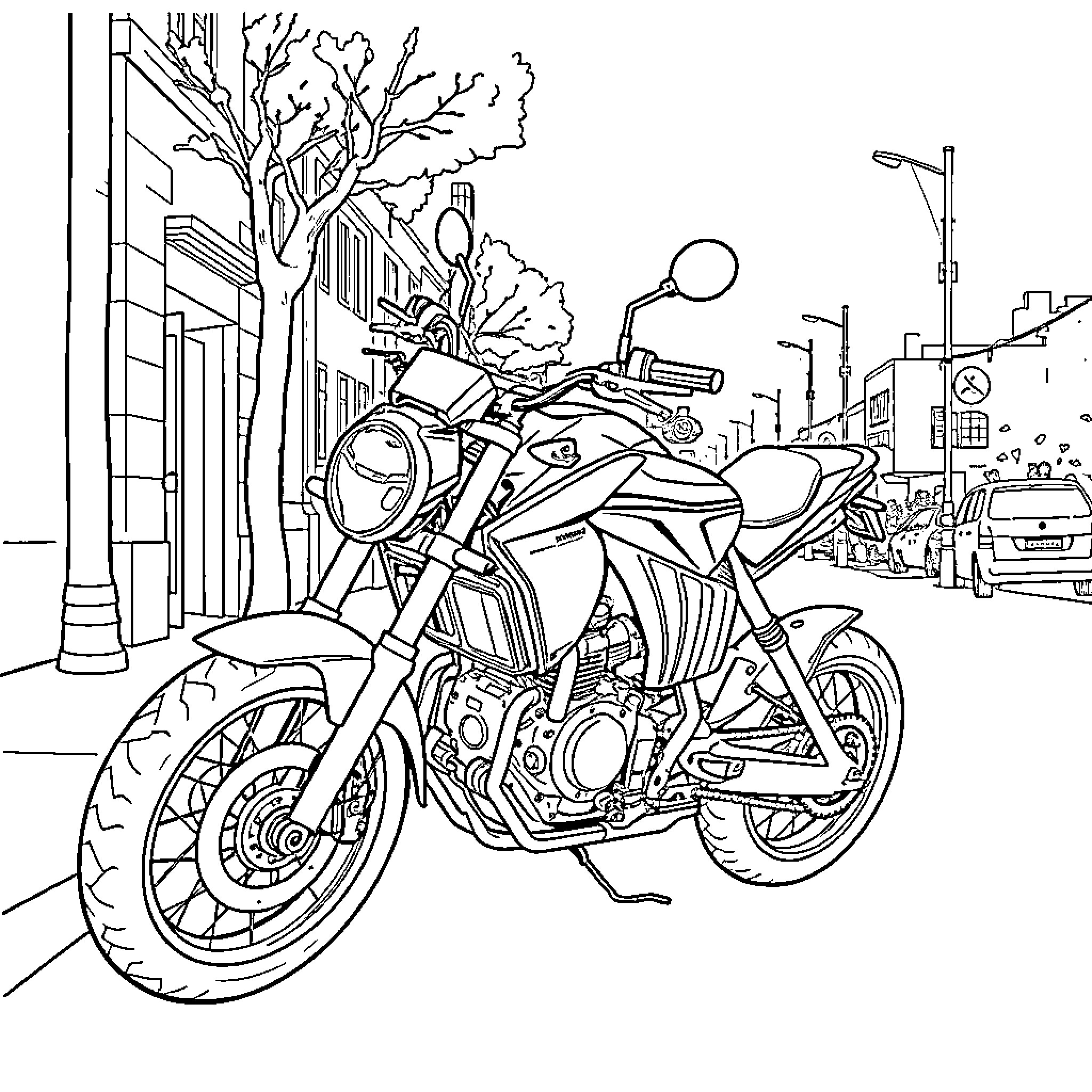 Zundapp motorcycle in urban street scene Coloring Page (free black-and-white line drawing printable PDF for all, from beginners to advanced learners, including children, teens, adults, and seniors)