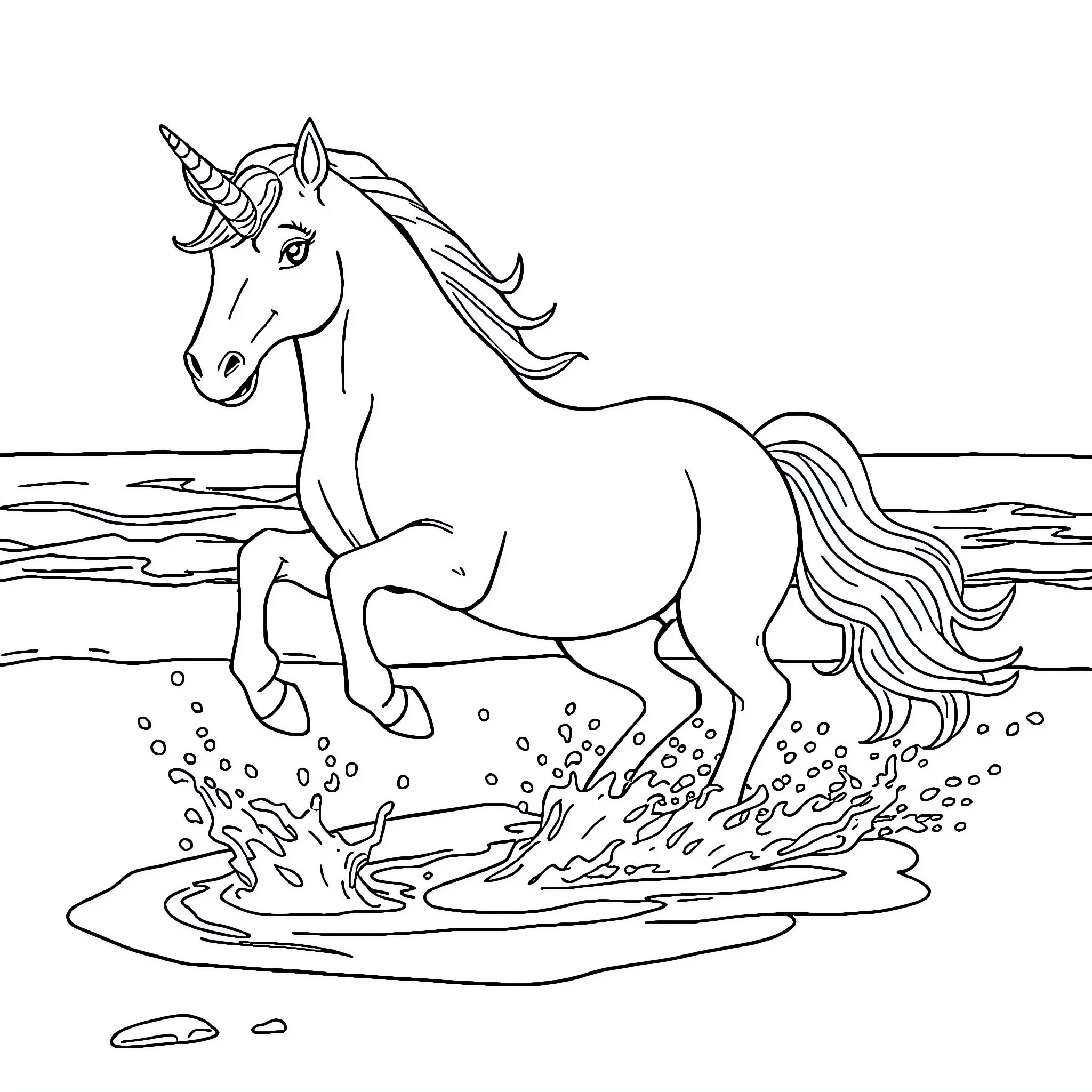 Unicorn galloping through shallow waters Coloring Page (free black-and-white line drawing printable PDF for all, from beginners to advanced learners, including children, teens, adults, and seniors)