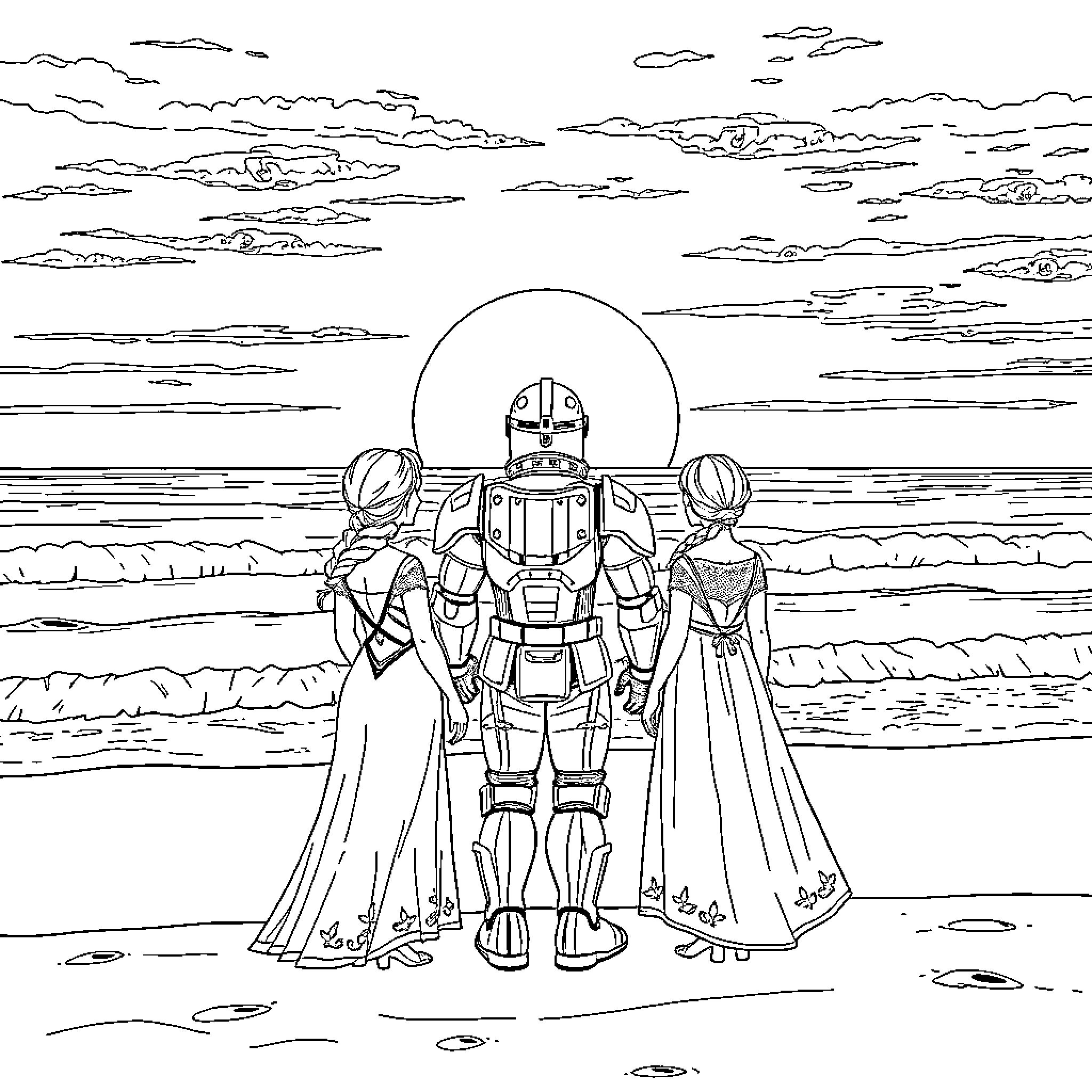Elsa and her companions in a fantastical landscape Coloring Page (free black-and-white line drawing printable PDF for all, from beginners to advanced learners, including children, teens, adults, and seniors)