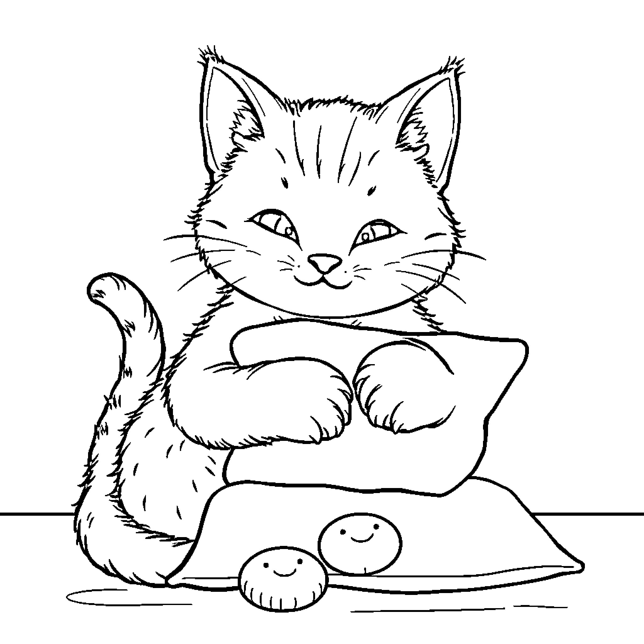 Cat resting comfortably on pillow Coloring Page (free black-and-white line drawing printable PDF for all, from beginners to advanced learners, including children, teens, adults, and seniors)