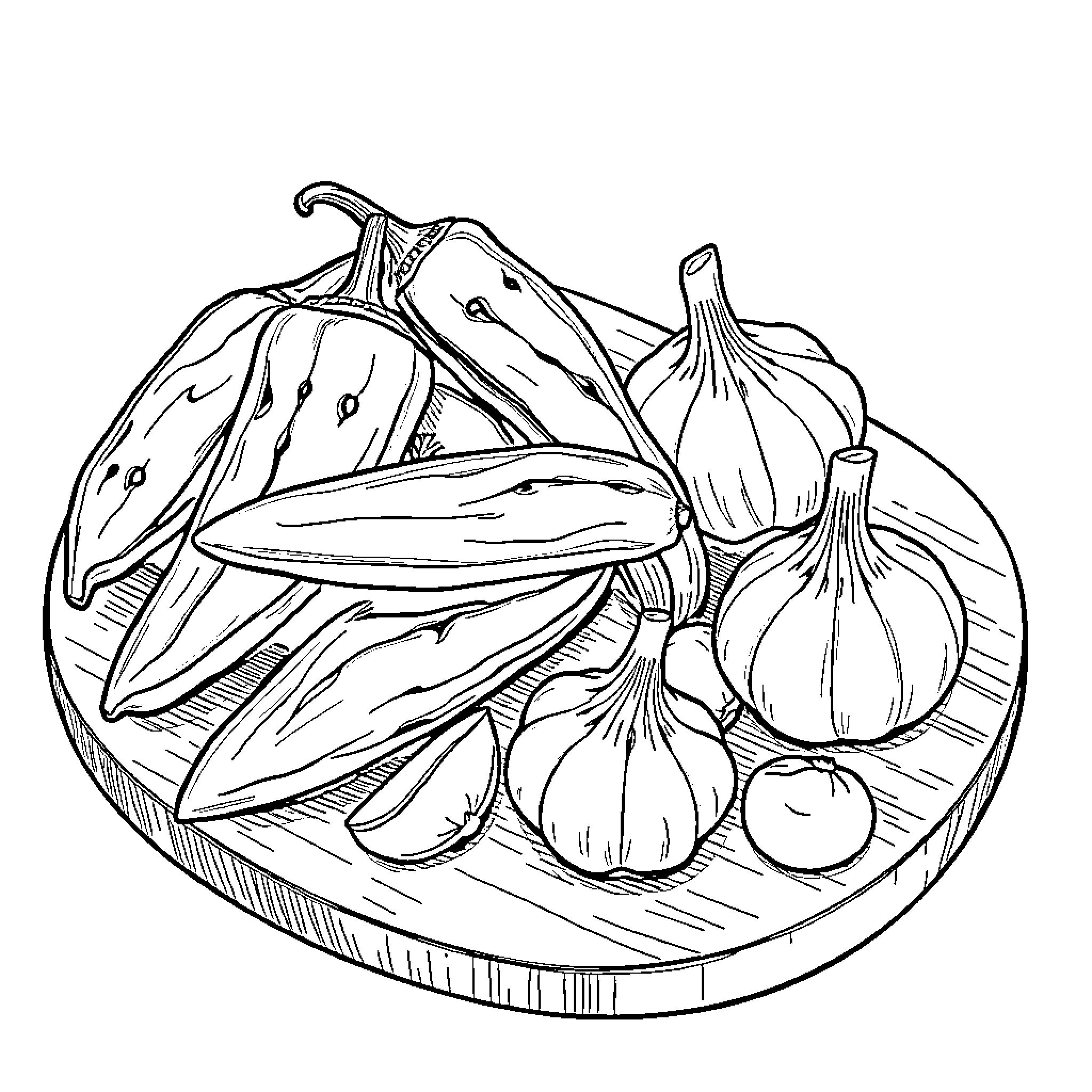 Jalapeno peppers on a wooden platter Coloring Page (free black-and-white line drawing printable PDF for all, from beginners to advanced learners, including children, teens, adults, and seniors)