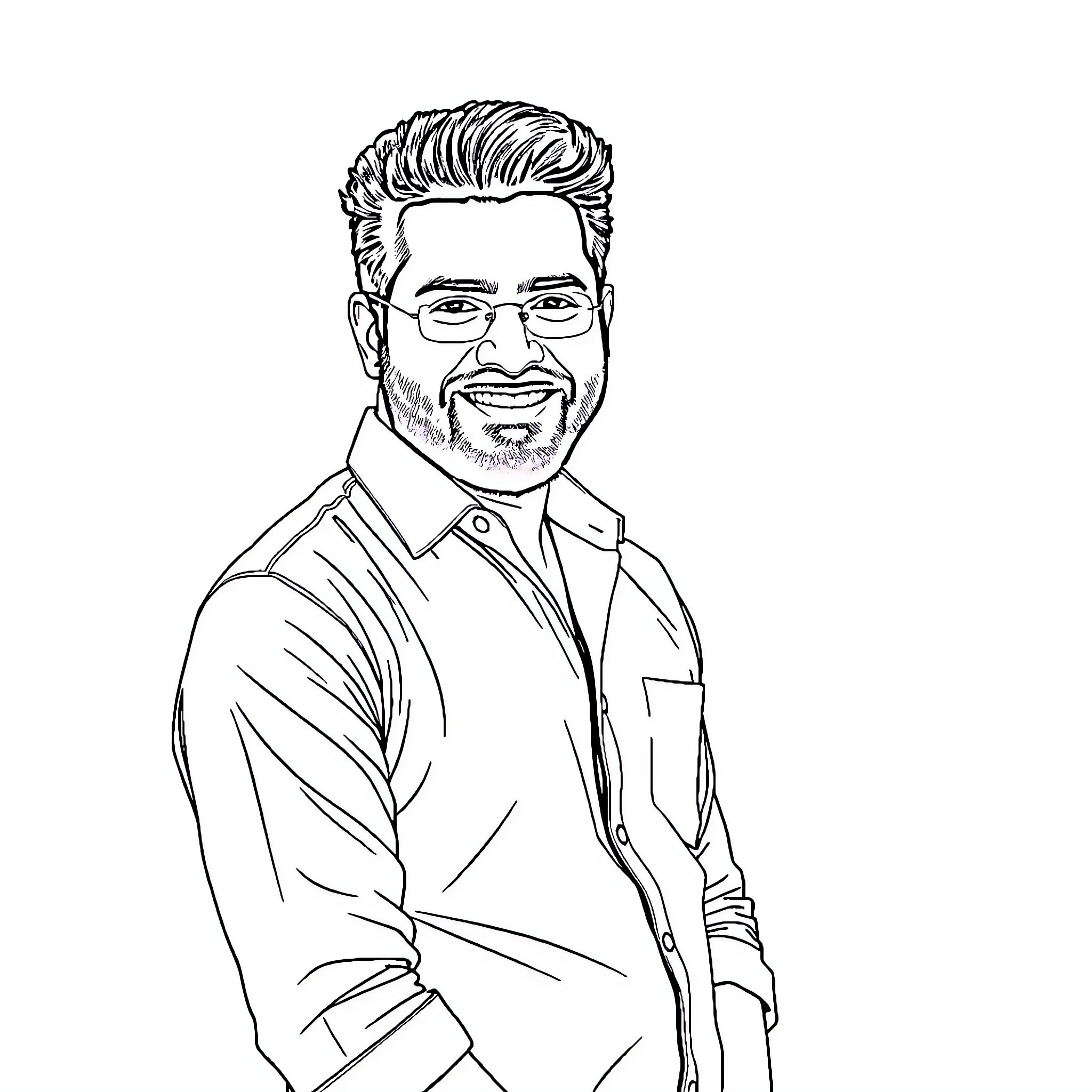 Mahesh Babu in a pensive pose with a warm smile Coloring Page (free black-and-white line drawing printable PDF for all, from beginners to advanced learners, including children, teens, adults, and seniors)