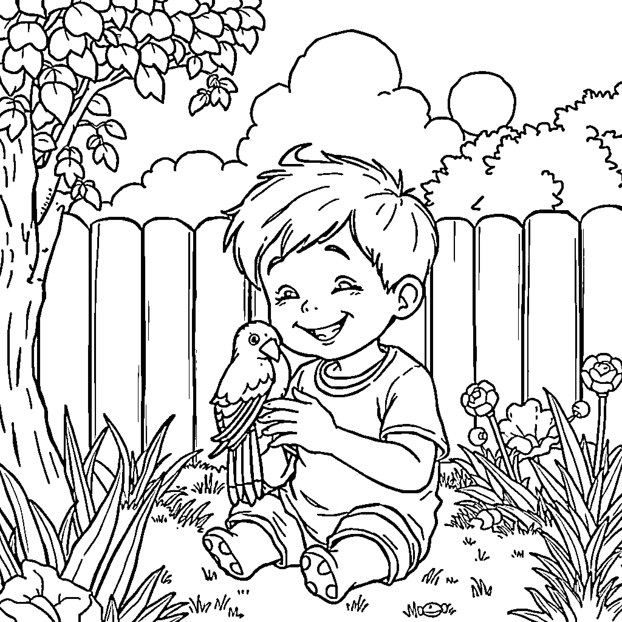 Boy playing with bird in the garden Coloring Page (free black-and-white line drawing printable PDF for all, from beginners to advanced learners, including children, teens, adults, and seniors)