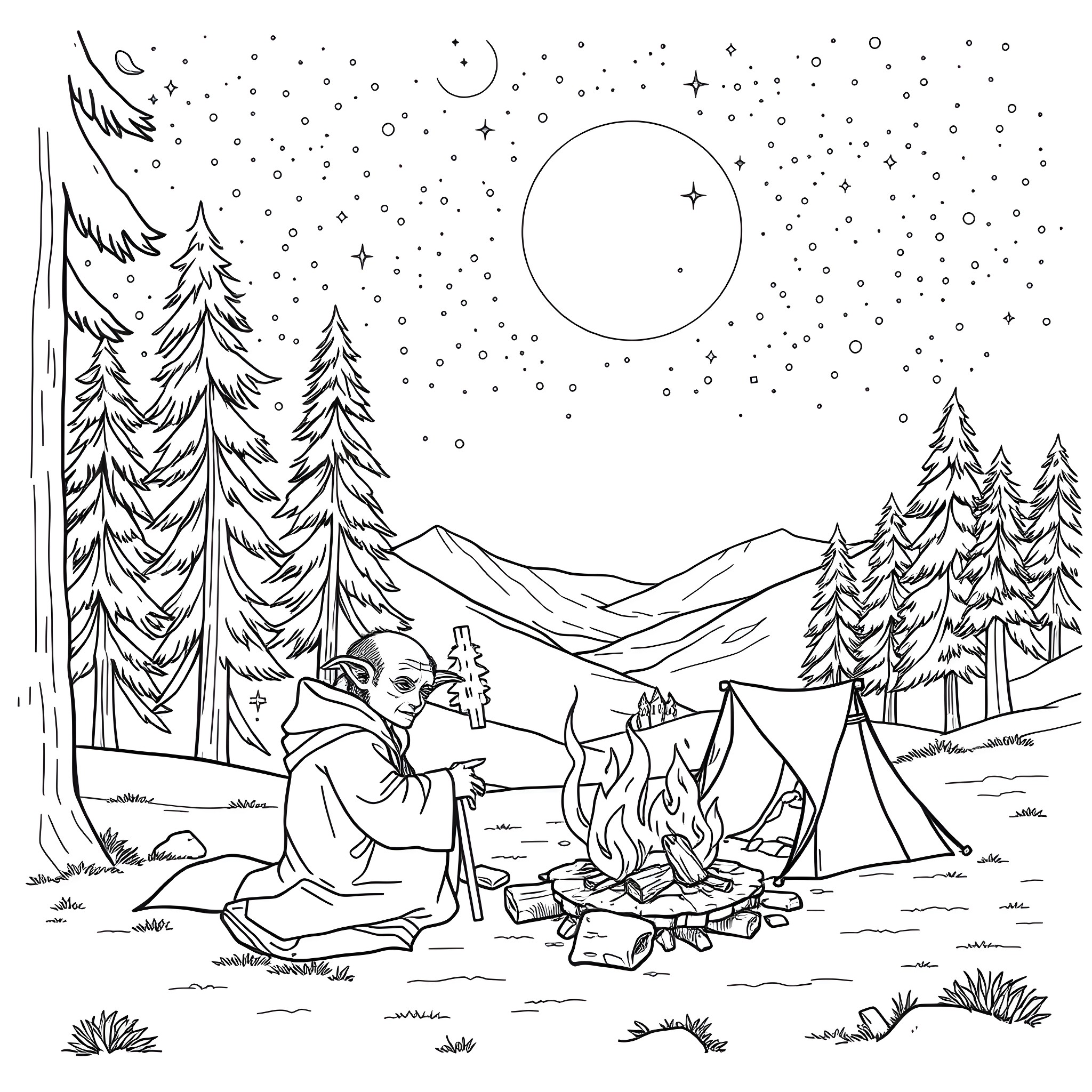 Yoda camping under the starry night sky Coloring Page (free black-and-white line drawing printable PDF for all, from beginners to advanced learners, including children, teens, adults, and seniors)