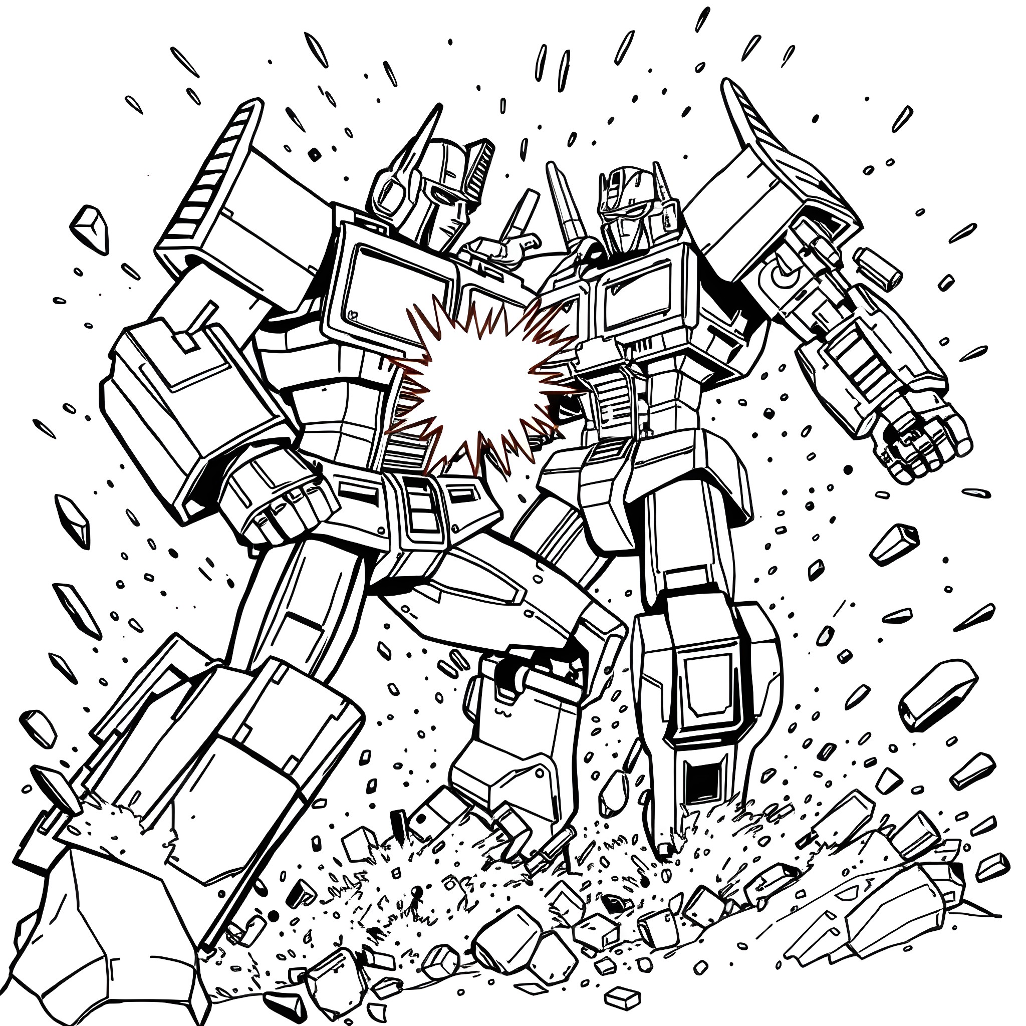 Optimus Prime's Heroic Clash with Foes Coloring Page (free black-and-white line drawing printable PDF for all, from beginners to advanced learners, including children, teens, adults, and seniors)