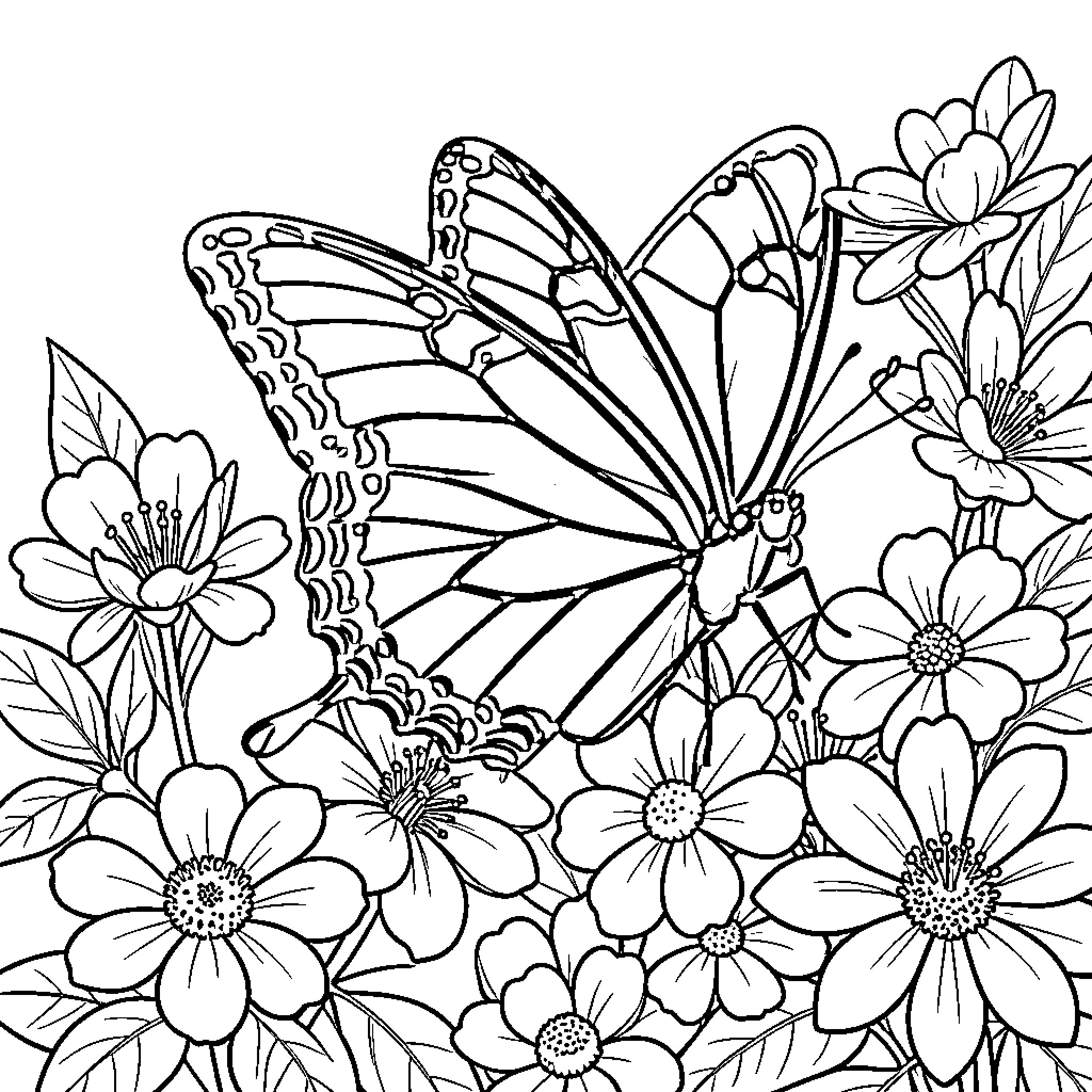Butterfly resting among a garden of blooming flowers Coloring Page (free black-and-white line drawing printable PDF for all, from beginners to advanced learners, including children, teens, adults, and seniors)