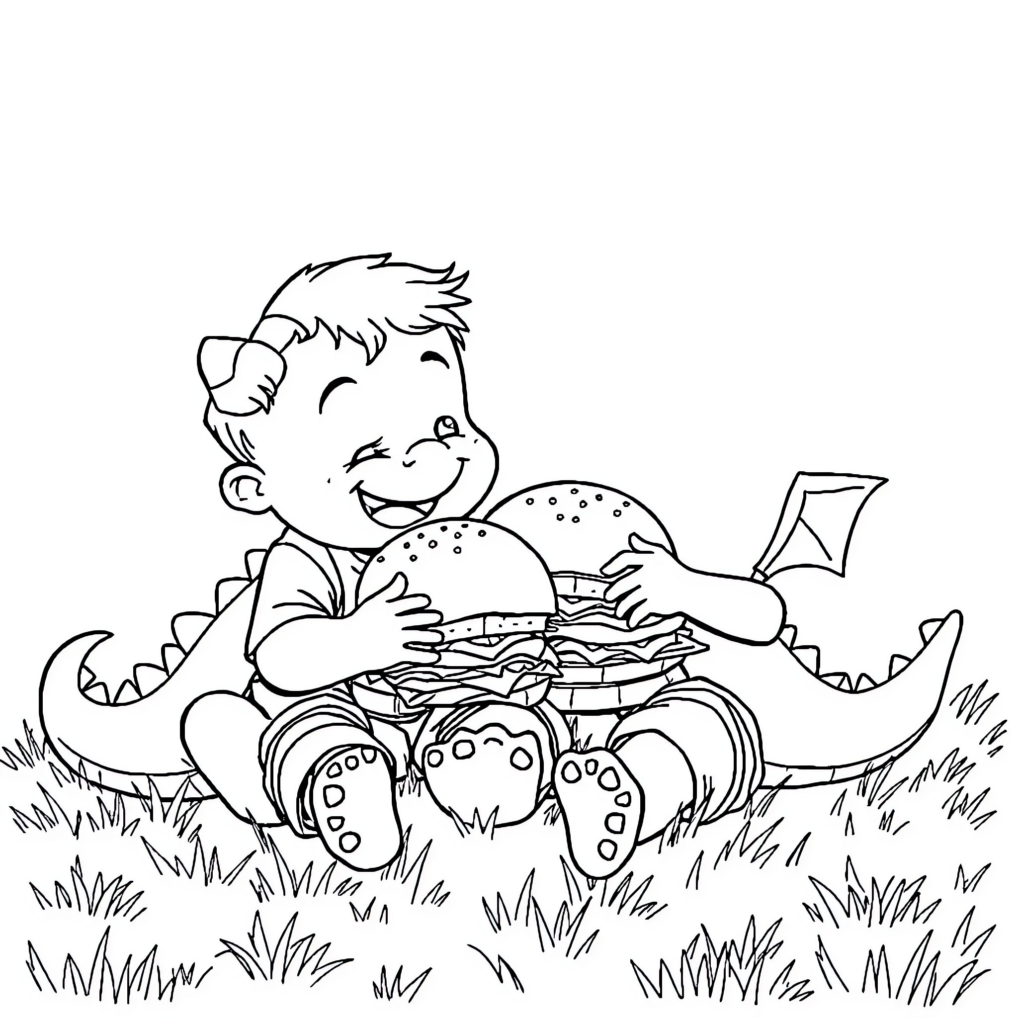 Boy Enjoying Hamburger with Dinosaur Companion Coloring Page (free black-and-white line drawing printable PDF for all, from beginners to advanced learners, including children, teens, adults, and seniors)