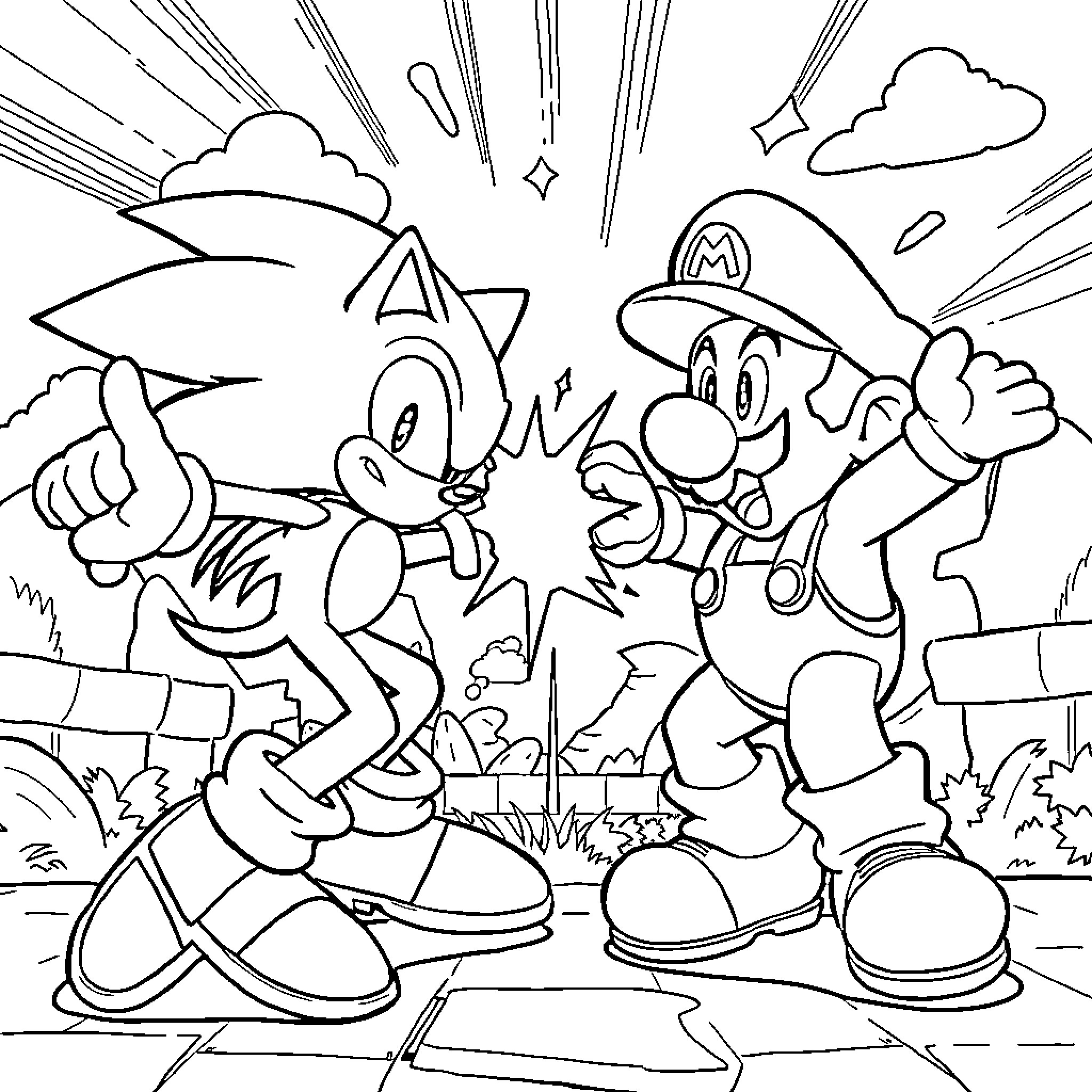 Sonic and Mario's Animated Adventure Coloring Page (free black-and-white line drawing printable PDF for all, from beginners to advanced learners, including children, teens, adults, and seniors)