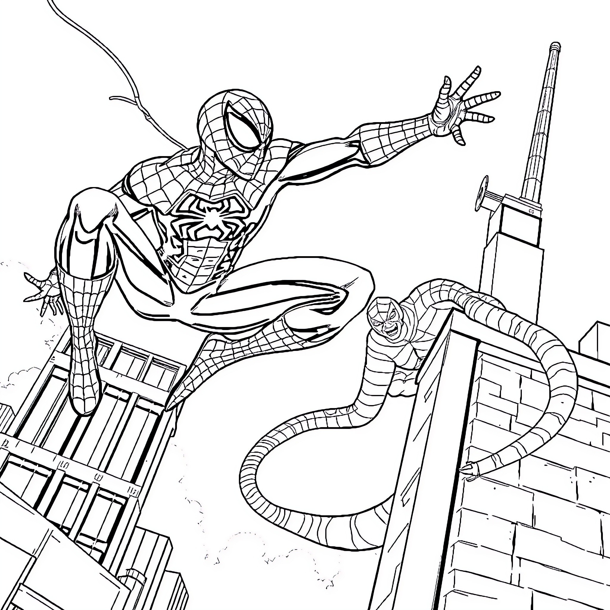 Spiderman swinging above the city skyline Coloring Page (free black-and-white line drawing printable PDF for all, from beginners to advanced learners, including children, teens, adults, and seniors)