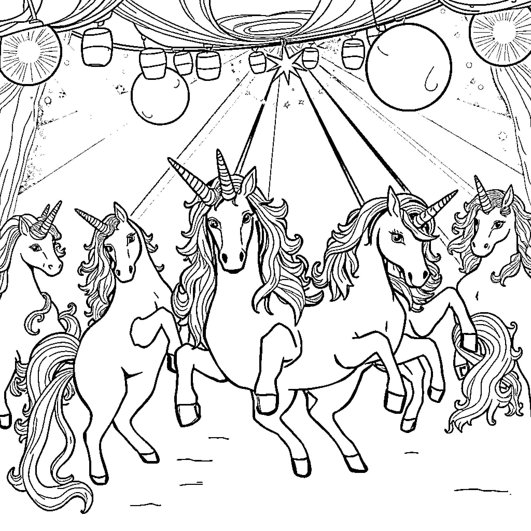 Unicorns dancing under the starry night sky Coloring Page (free black-and-white line drawing printable PDF for all, from beginners to advanced learners, including children, teens, adults, and seniors)