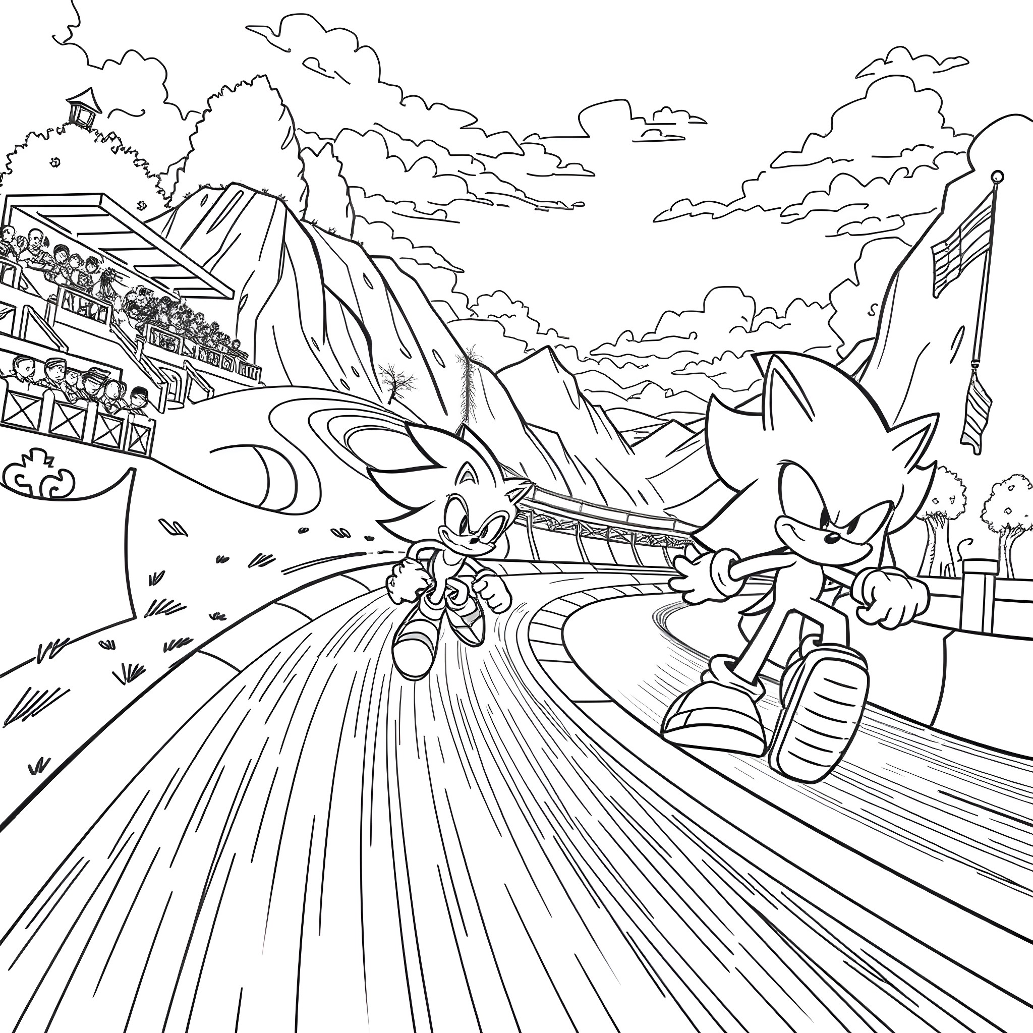 Sonic Racing Adventure through the Mountains Coloring Page (free black-and-white line drawing printable PDF for all, from beginners to advanced learners, including children, teens, adults, and seniors)