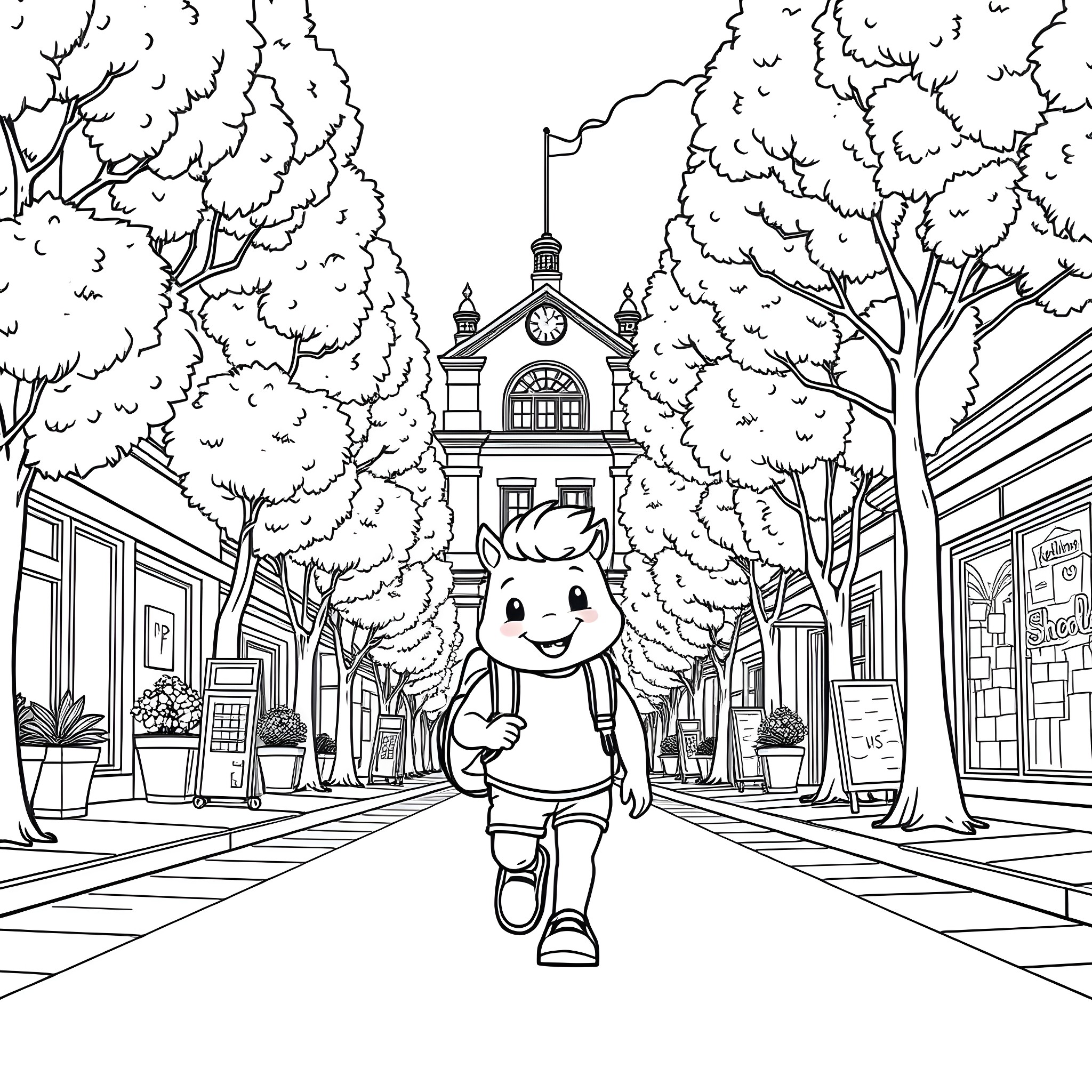 Sprunki walking down a charming street Coloring Page (free black-and-white line drawing printable PDF for all, from beginners to advanced learners, including children, teens, adults, and seniors)
