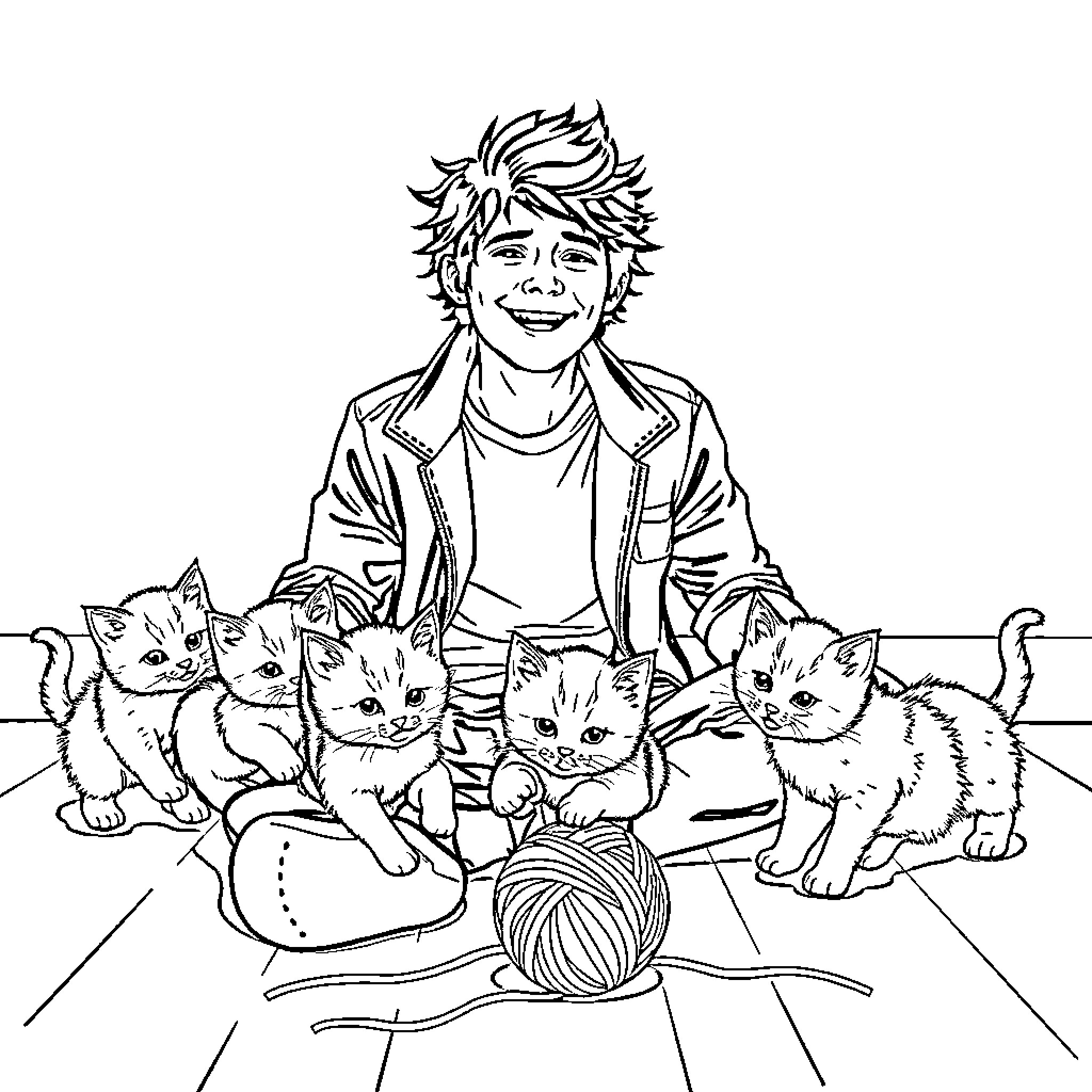 Kitten cuddles with cheerful man Coloring Page (free black-and-white line drawing printable PDF for all, from beginners to advanced learners, including children, teens, adults, and seniors)