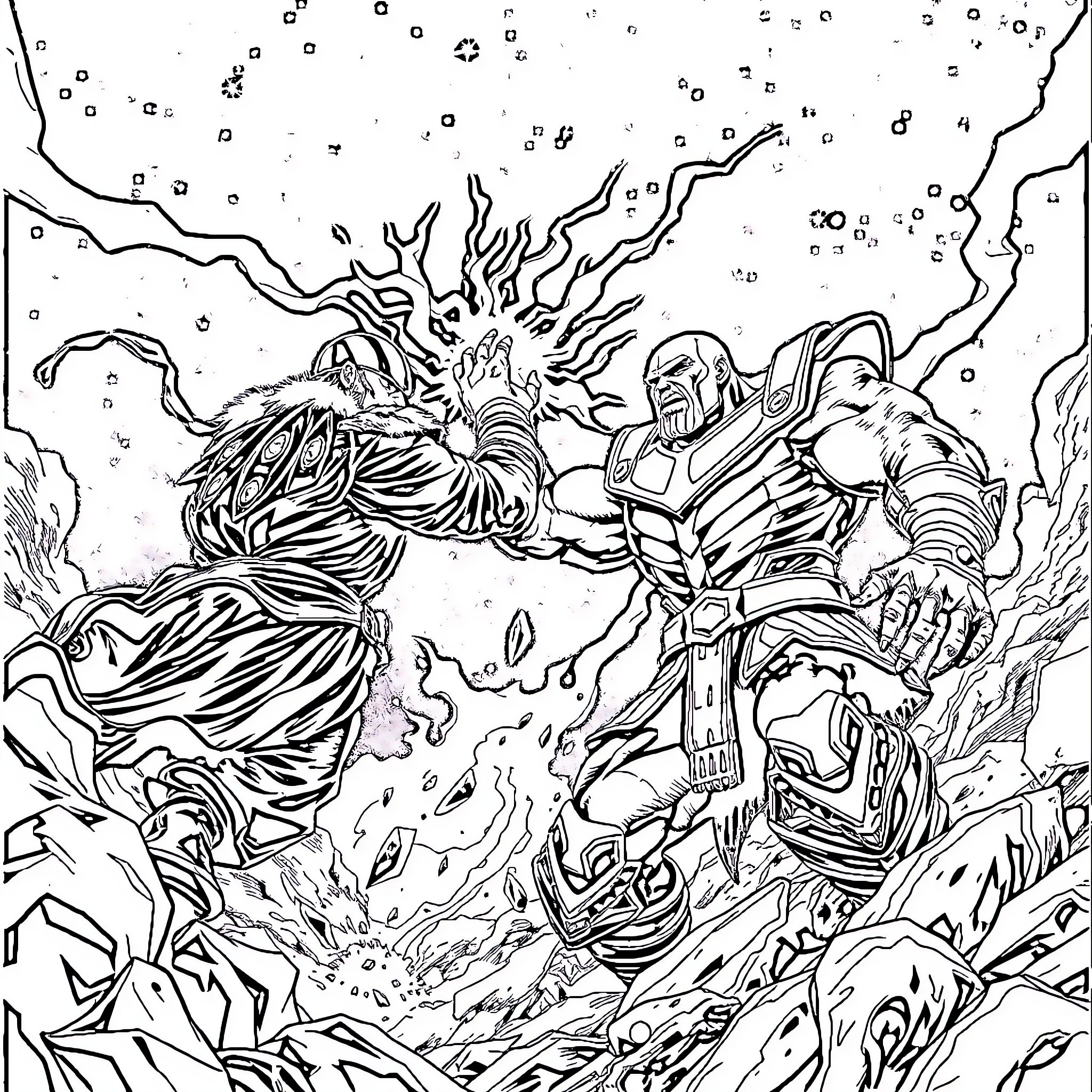 Thanos battling with a powerful cosmic entity Coloring Page (free black-and-white line drawing printable PDF for all, from beginners to advanced learners, including children, teens, adults, and seniors)