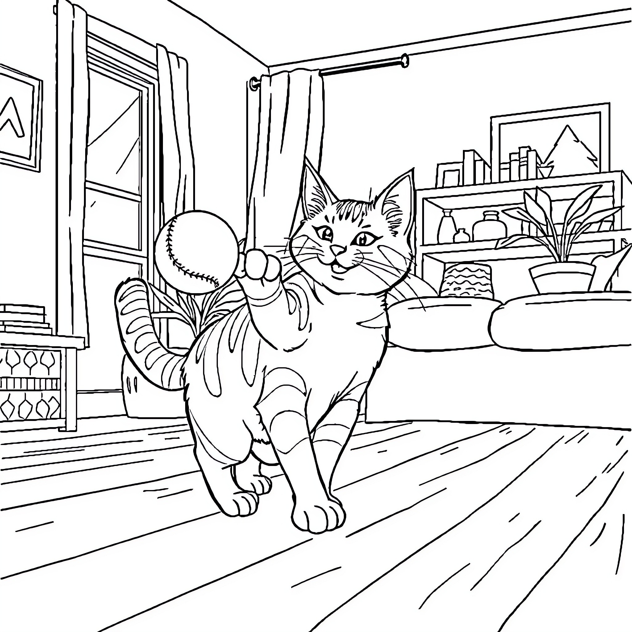 Cat exploring cozy indoor space Coloring Page (free black-and-white line drawing printable PDF for all, from beginners to advanced learners, including children, teens, adults, and seniors)