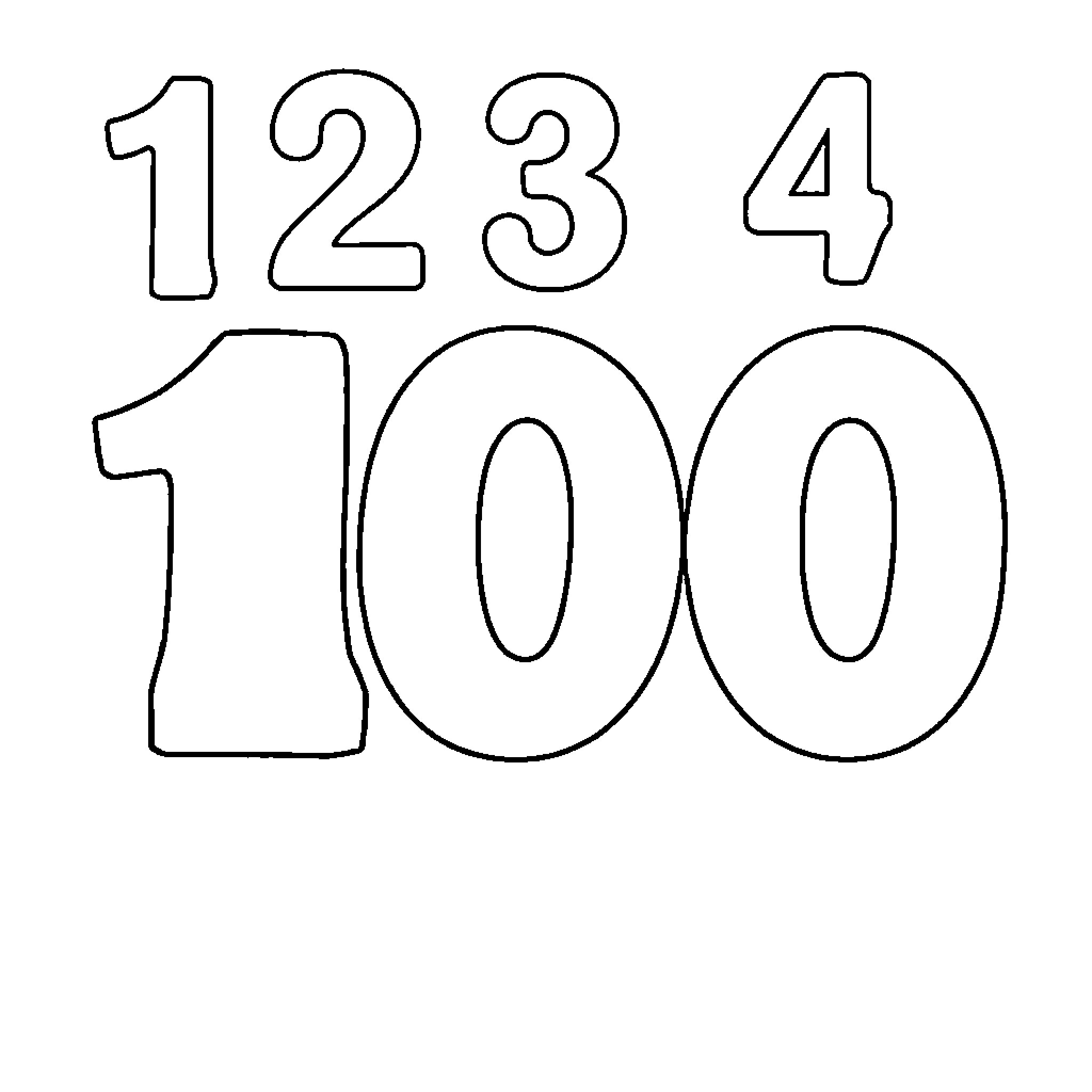 Number Outlines of 1 2 3 4 100 Coloring Page (free black-and-white line drawing printable PDF for all, from beginners to advanced learners, including children, teens, adults, and seniors)