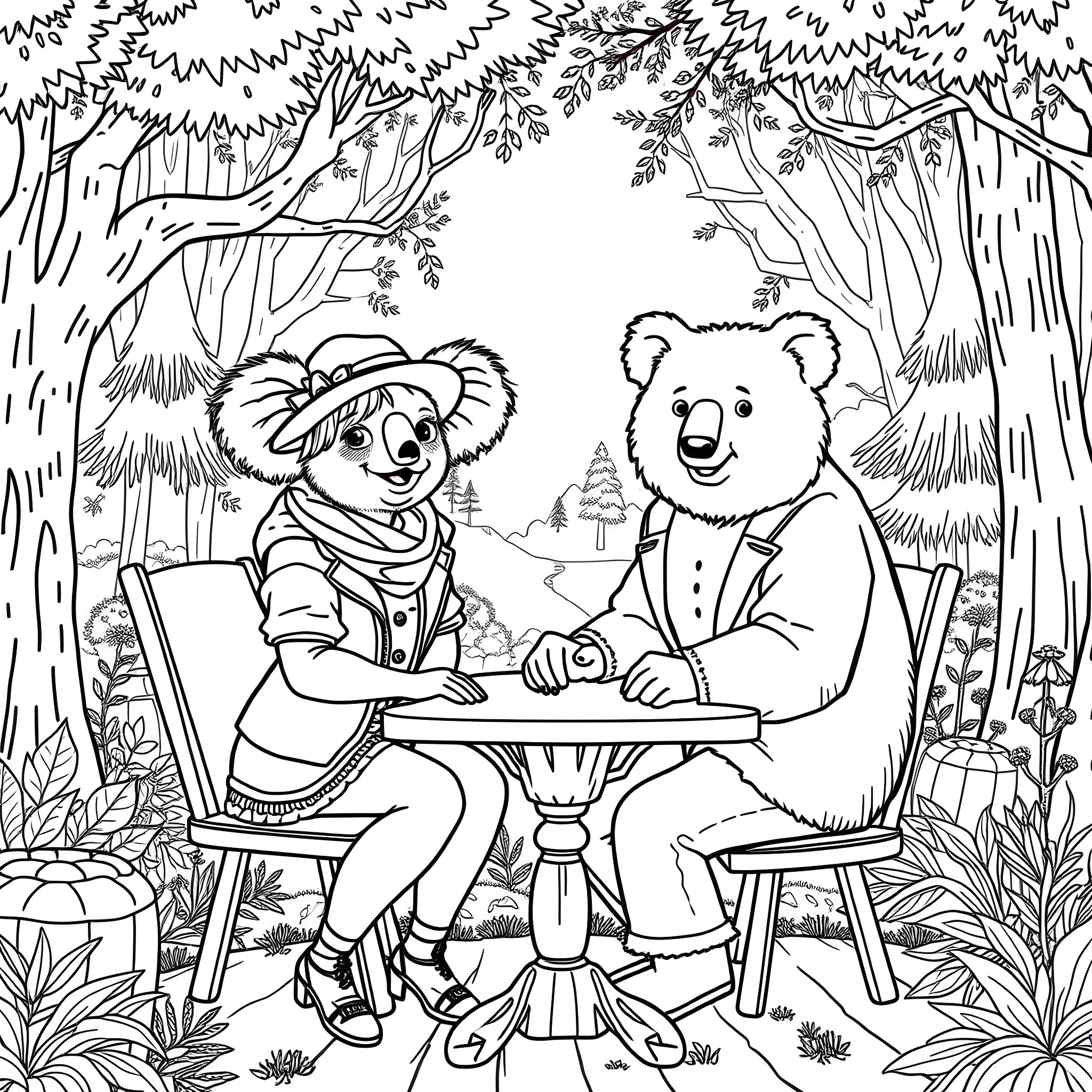 Koala and bear having tea in the forest Coloring Page (free black-and-white line drawing printable PDF for all, from beginners to advanced learners, including children, teens, adults, and seniors)