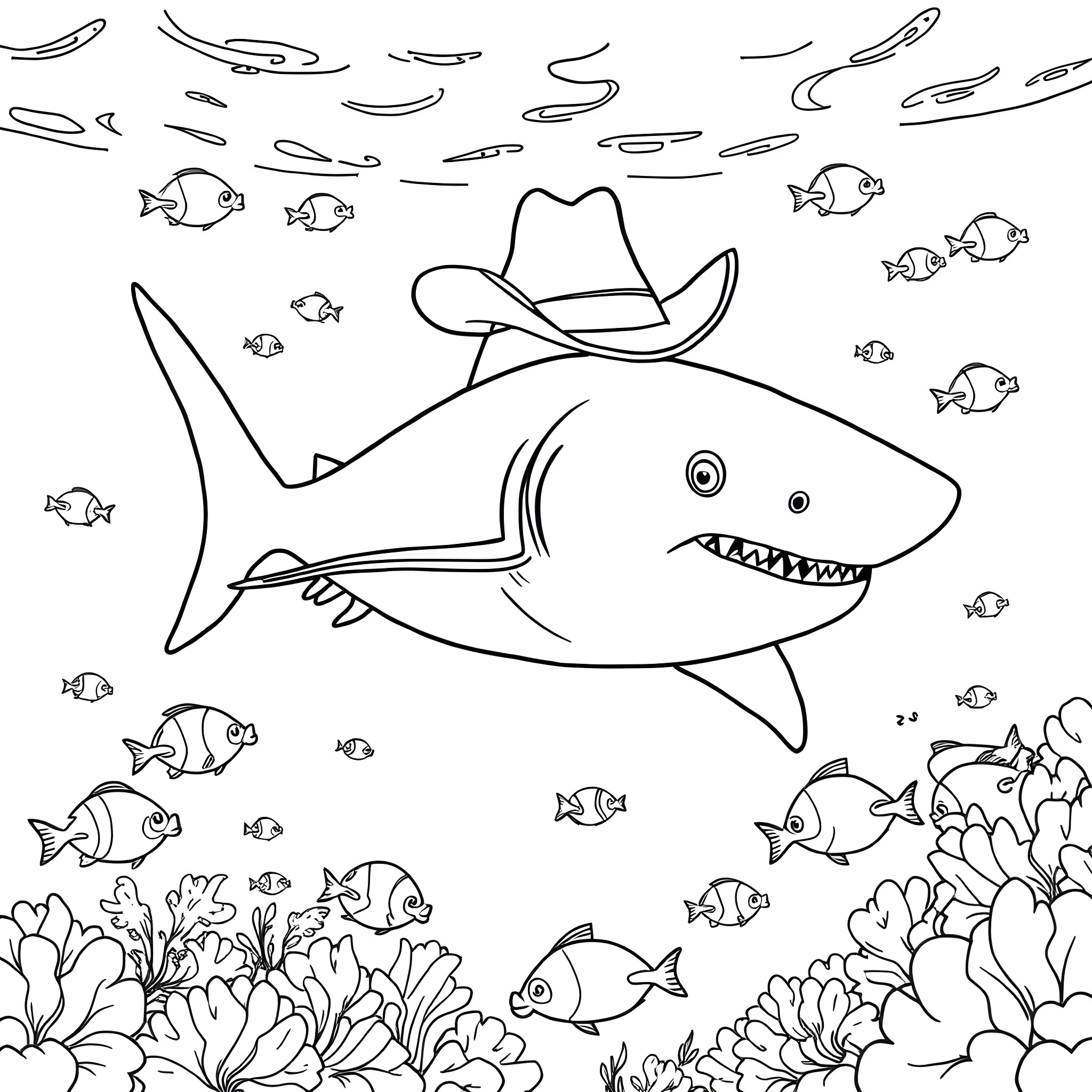Shark wearing a cowboy hat underwater Coloring Page (free black-and-white line drawing printable PDF for all, from beginners to advanced learners, including children, teens, adults, and seniors)