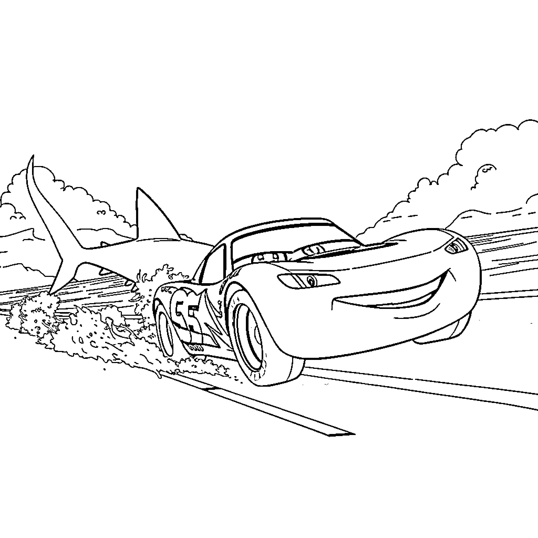 Lightning McQueen racing on the road Coloring Page (free black-and-white line drawing printable PDF for all, from beginners to advanced learners, including children, teens, adults, and seniors)