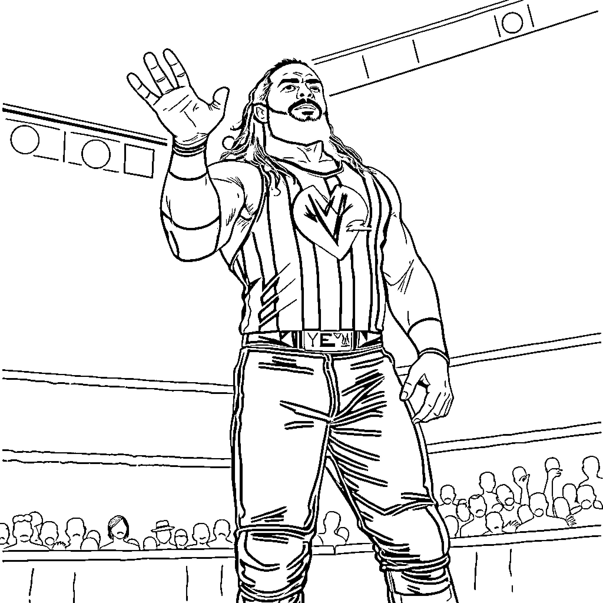 Jimmy Uso celebrating in the wrestling ring Coloring Page (free black-and-white line drawing printable PDF for all, from beginners to advanced learners, including children, teens, adults, and seniors)