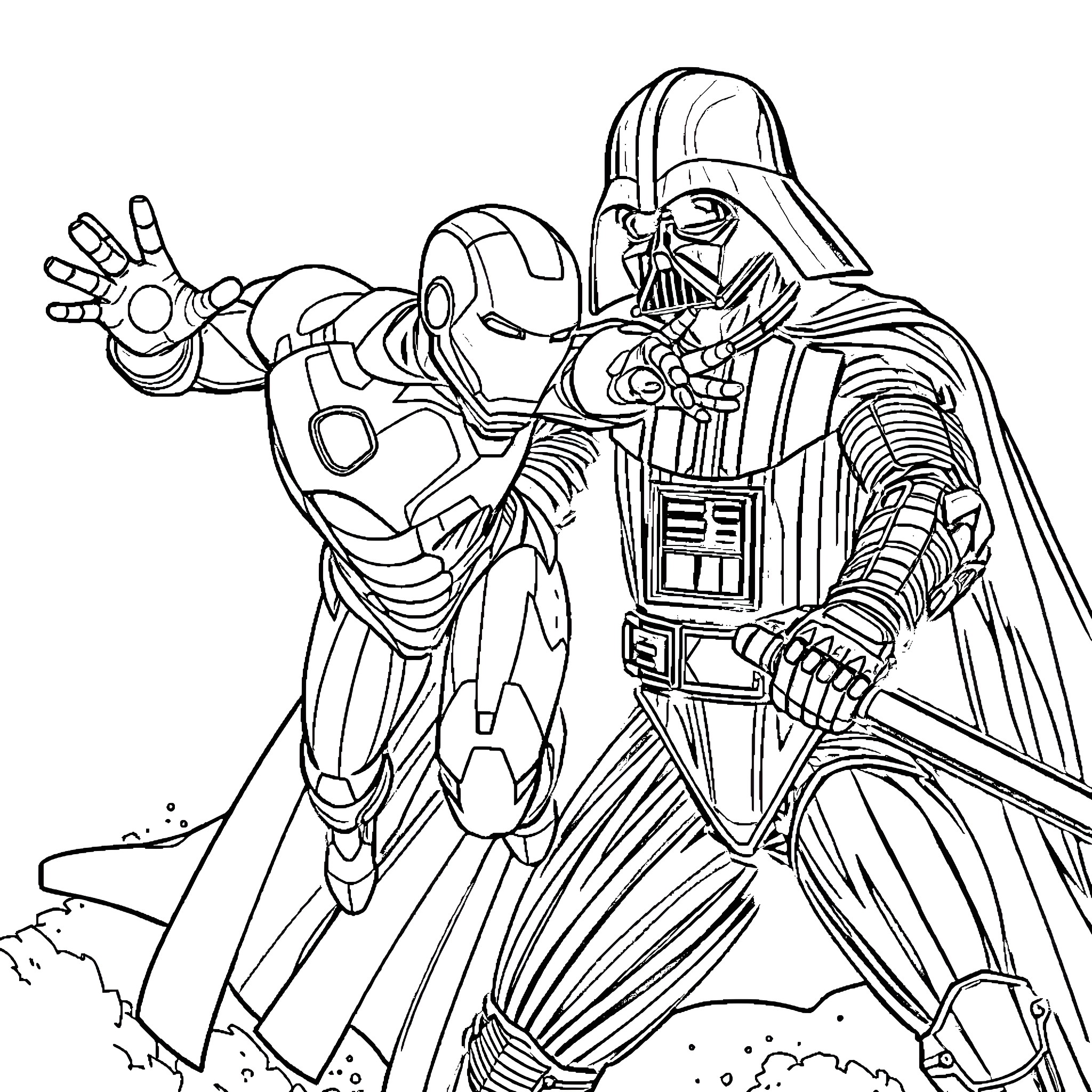 Ironman and Darth Vader in Epic Confrontation Coloring Page (free black-and-white line drawing printable PDF for all, from beginners to advanced learners, including children, teens, adults, and seniors)