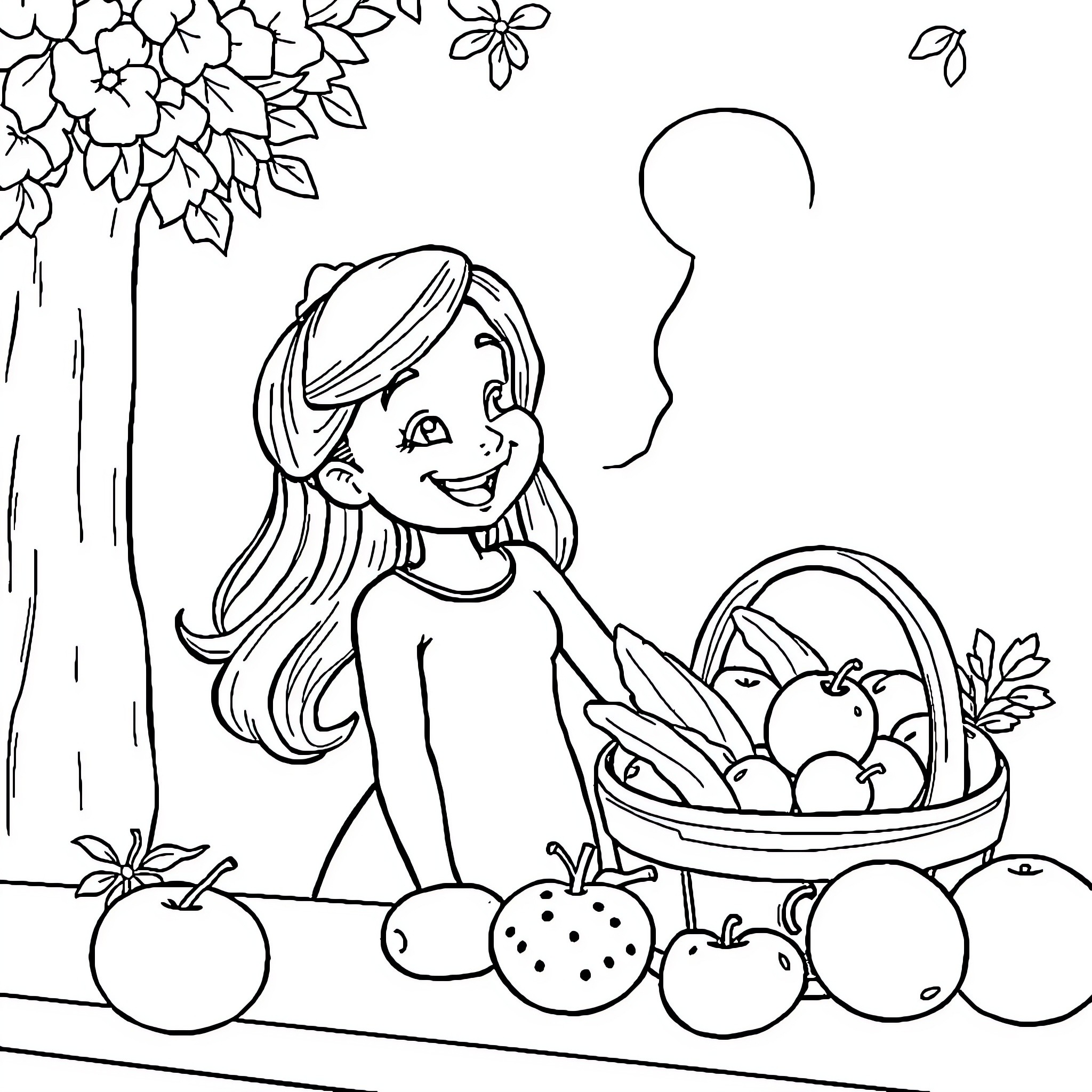 Gabby's Fruit Gathering Adventure Coloring Page (free black-and-white line drawing printable PDF for all, from beginners to advanced learners, including children, teens, adults, and seniors)