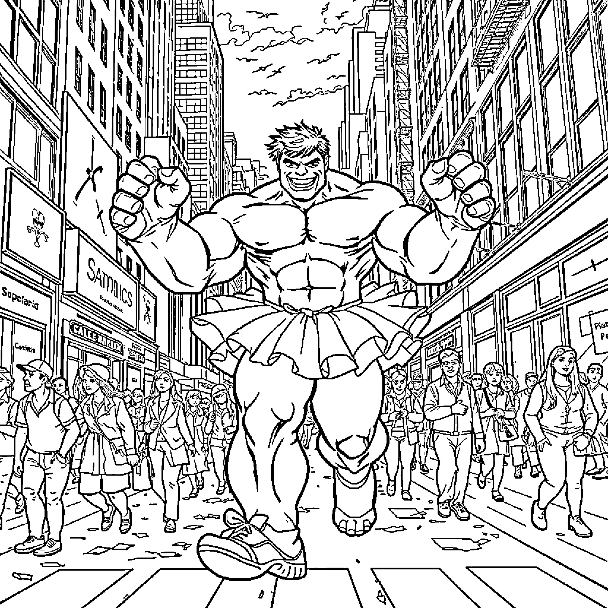 Hulk stomping through the city streets Coloring Page (free black-and-white line drawing printable PDF for all, from beginners to advanced learners, including children, teens, adults, and seniors)