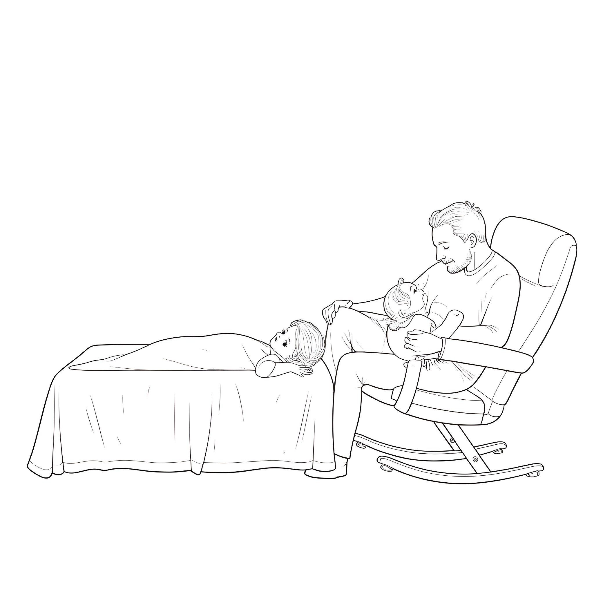 Baby comforted by caring father in rocking chair Coloring Page (free black-and-white line drawing printable PDF for all, from beginners to advanced learners, including children, teens, adults, and seniors)