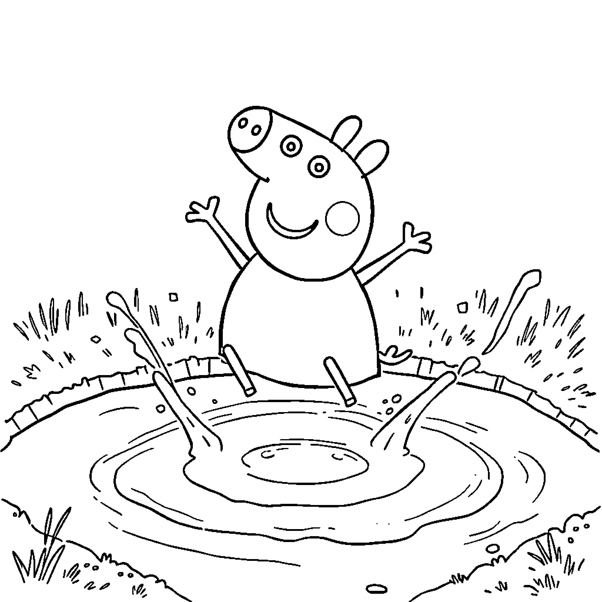 Peppa Pig jumping happily in a puddle Coloring Page (free black-and-white line drawing printable PDF for all, from beginners to advanced learners, including children, teens, adults, and seniors)