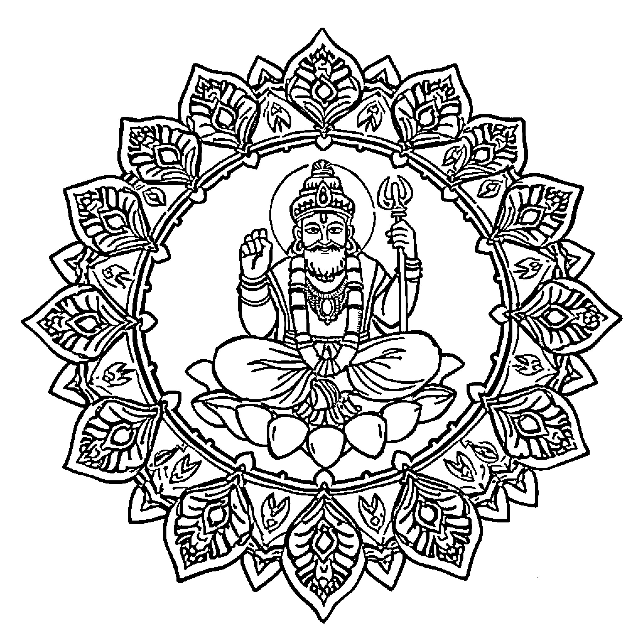 Rangoli design with seated Hindu deity Coloring Page (free black-and-white line drawing printable PDF for all, from beginners to advanced learners, including children, teens, adults, and seniors)
