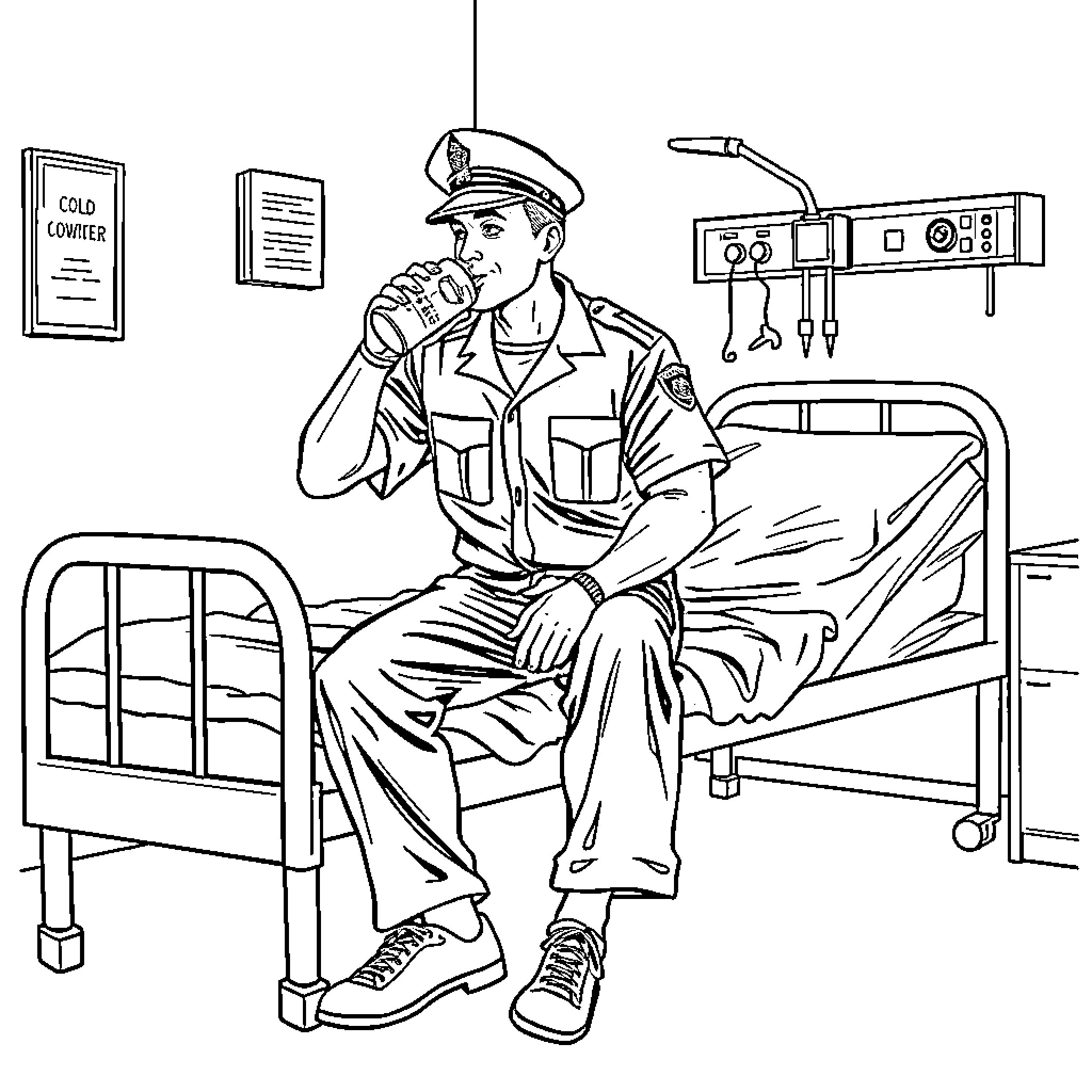 Prison Officer Resting in Hospital Ward Coloring Page (free black-and-white line drawing printable PDF for all, from beginners to advanced learners, including children, teens, adults, and seniors)