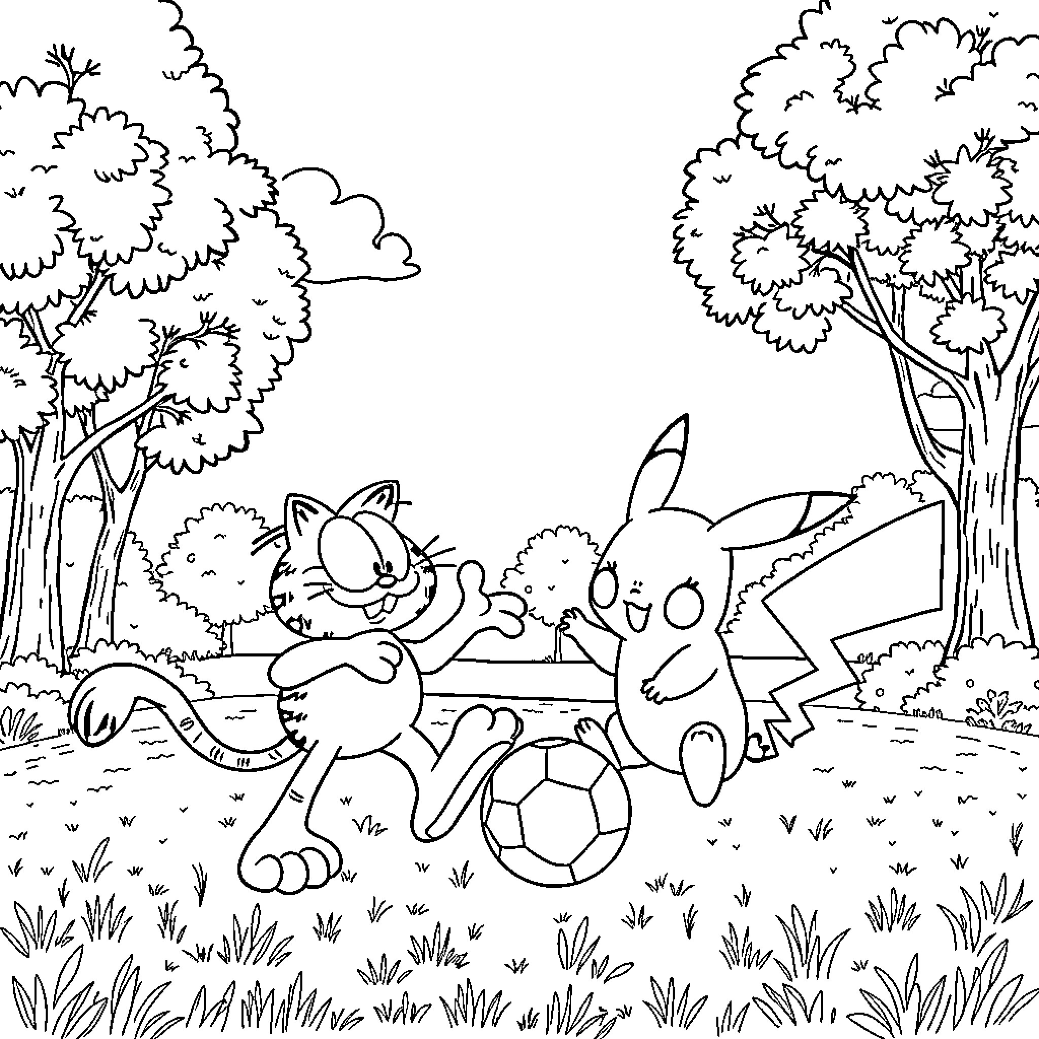 Garfield and Friends Enjoy Playing Soccer in the Woods Coloring Page (free black-and-white line drawing printable PDF for all, from beginners to advanced learners, including children, teens, adults, and seniors)