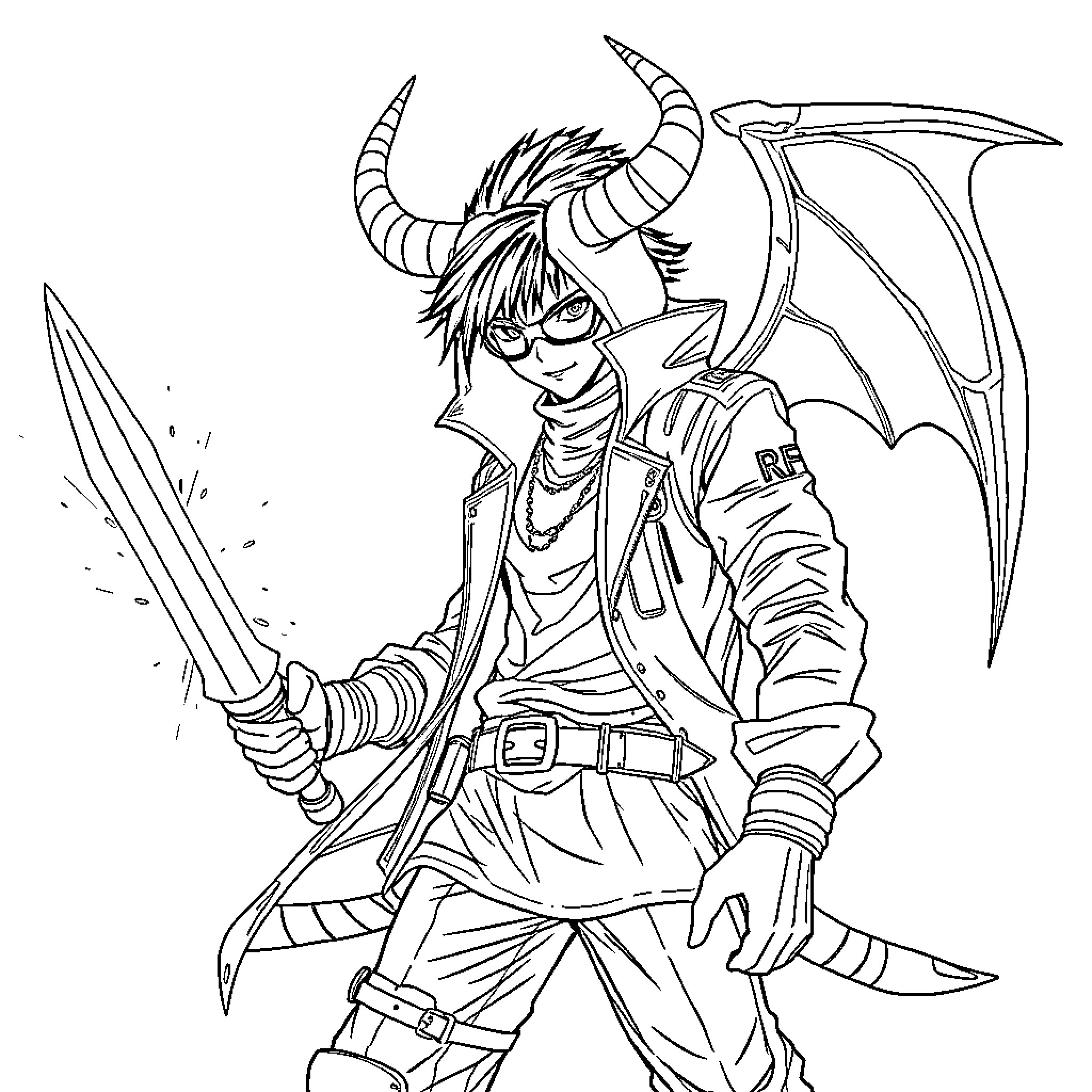 Demon Hunter in Action with Weapons Coloring Page (free black-and-white line drawing printable PDF for all, from beginners to advanced learners, including children, teens, adults, and seniors)