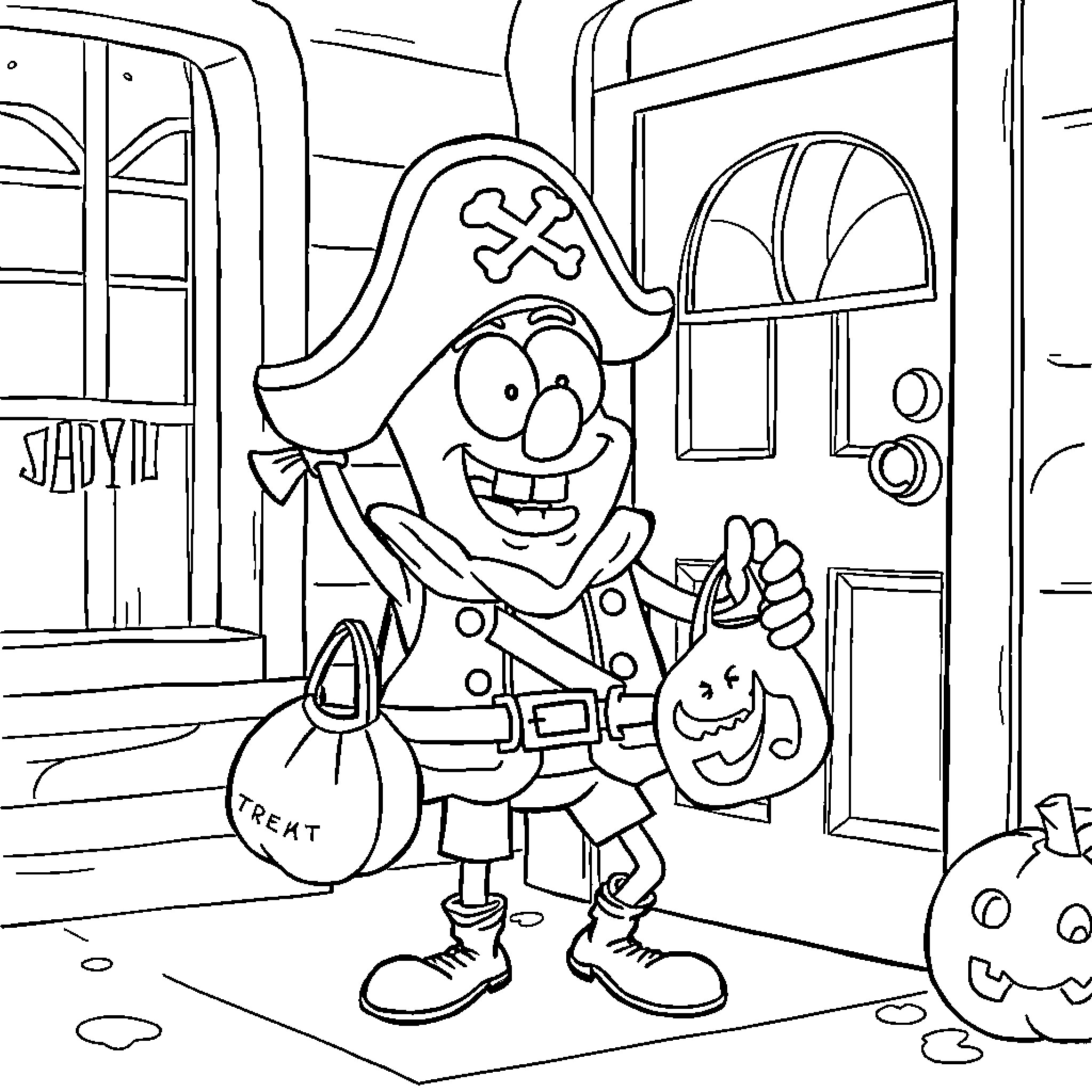 Mr. Krabs in Pirate Costume Treats Trick-or-Treaters Coloring Page (free black-and-white line drawing printable PDF for all, from beginners to advanced learners, including children, teens, adults, and seniors)