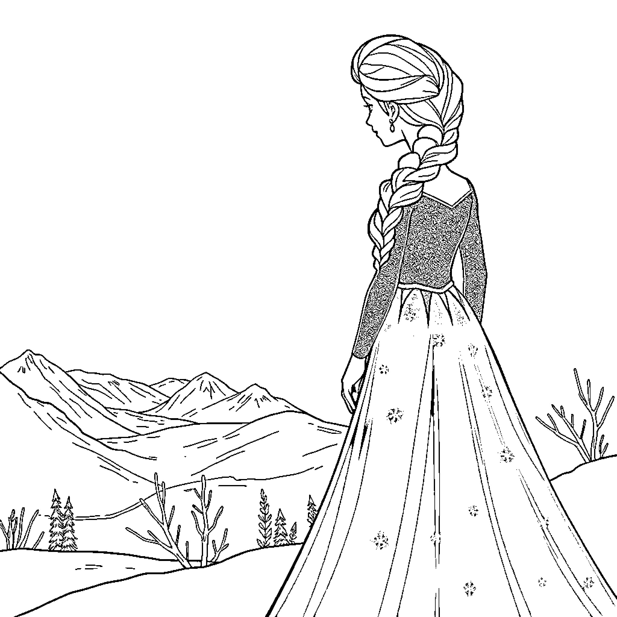 Elsa standing elegantly overlooking a snowy mountain landscape Coloring Page (free black-and-white line drawing printable PDF for all, from beginners to advanced learners, including children, teens, adults, and seniors)