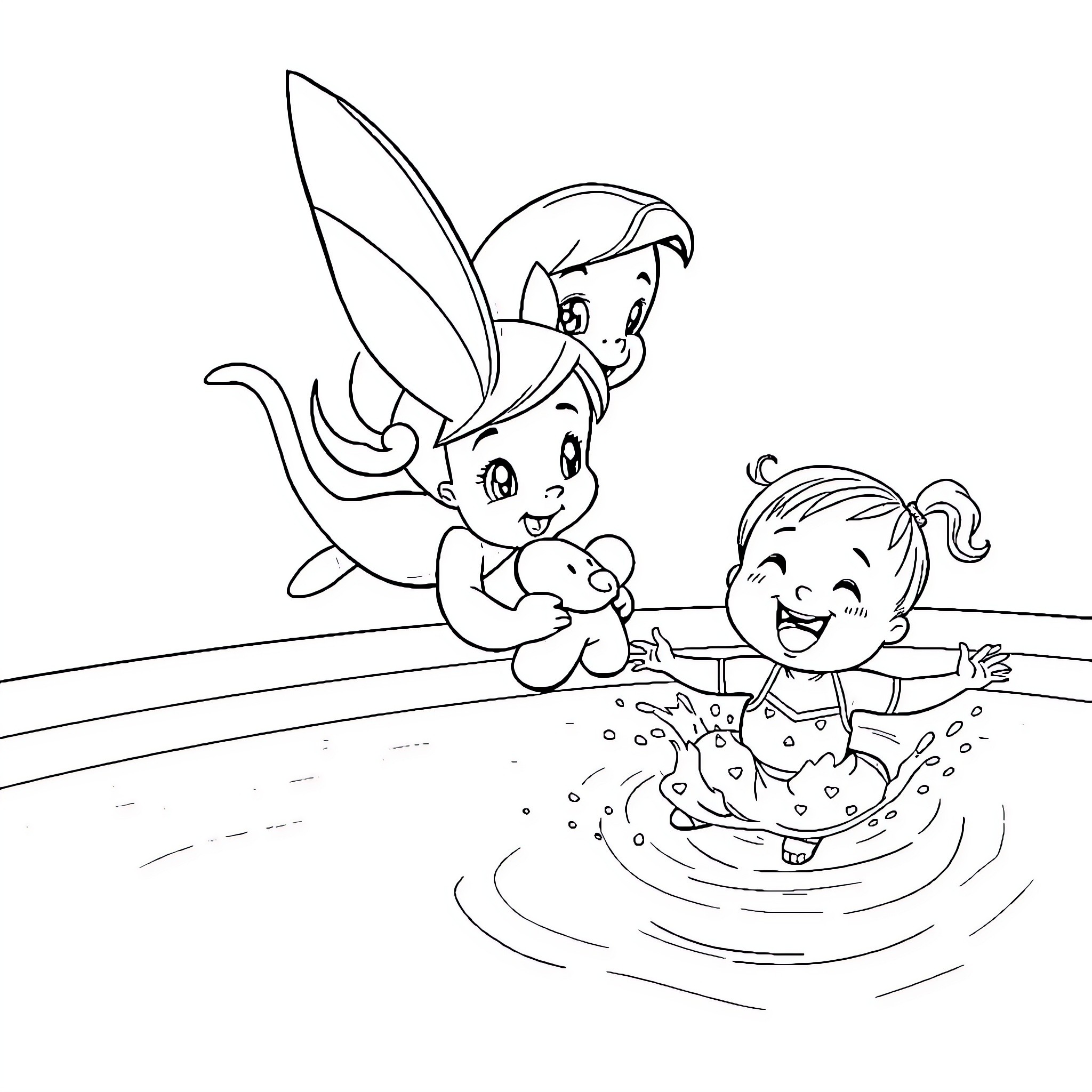 Tinkerbell Helps a Young Girl Play in the Water Coloring Page (free black-and-white line drawing printable PDF for all, from beginners to advanced learners, including children, teens, adults, and seniors)