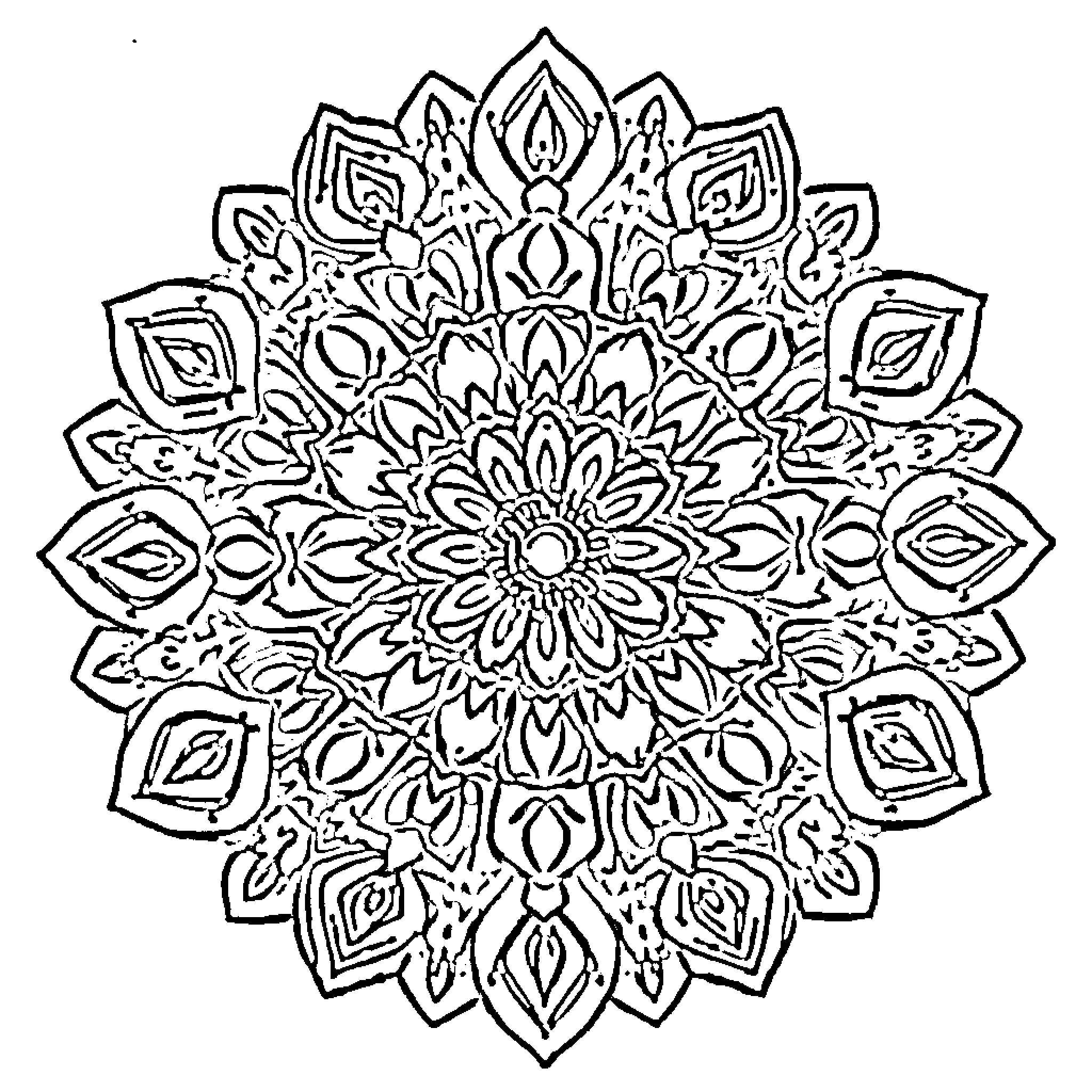 Mandala with intricate floral patterns Coloring Page (free black-and-white line drawing printable PDF for all, from beginners to advanced learners, including children, teens, adults, and seniors)