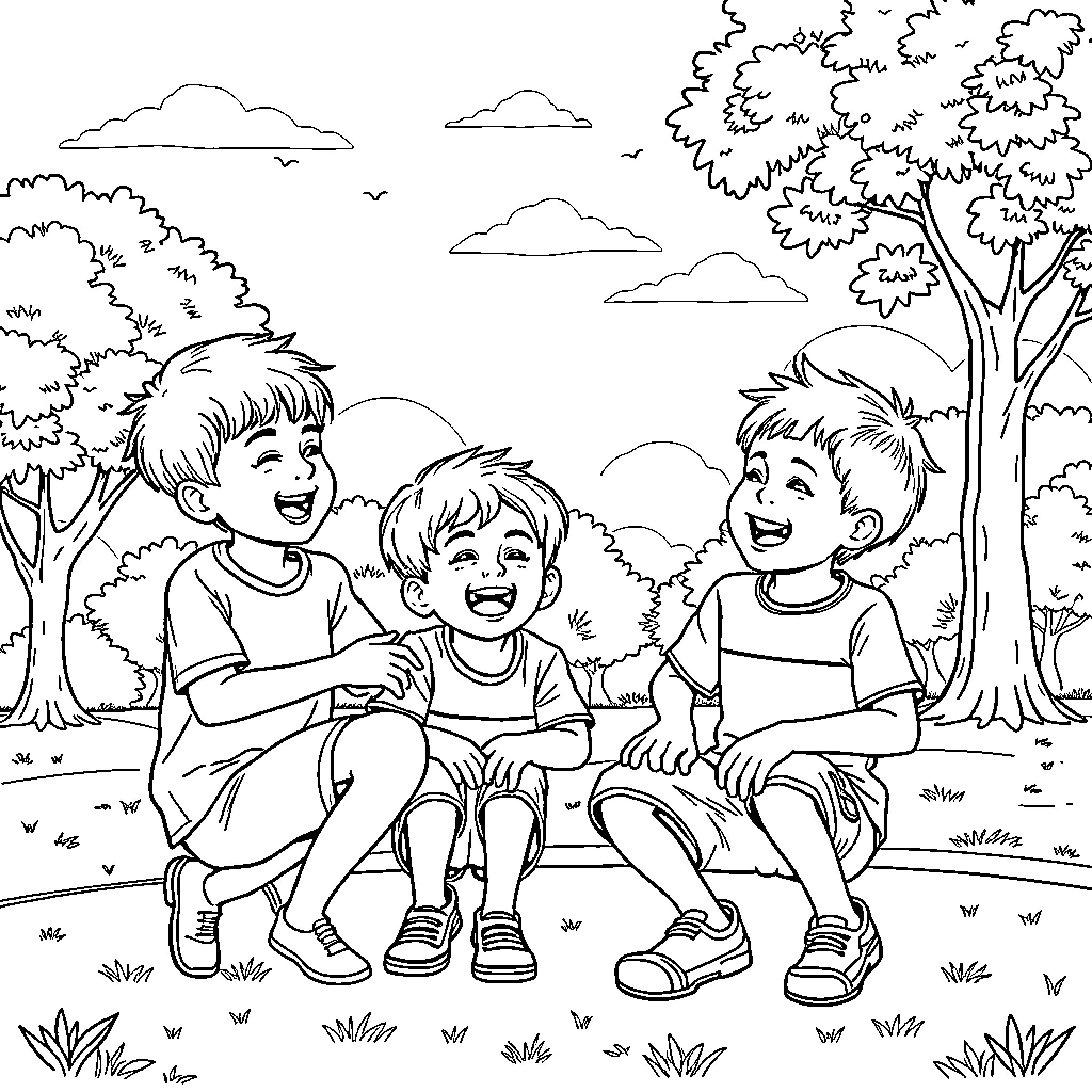 Saja Boy's Outdoor Adventure with Friends Coloring Page (free black-and-white line drawing printable PDF for all, from beginners to advanced learners, including children, teens, adults, and seniors)