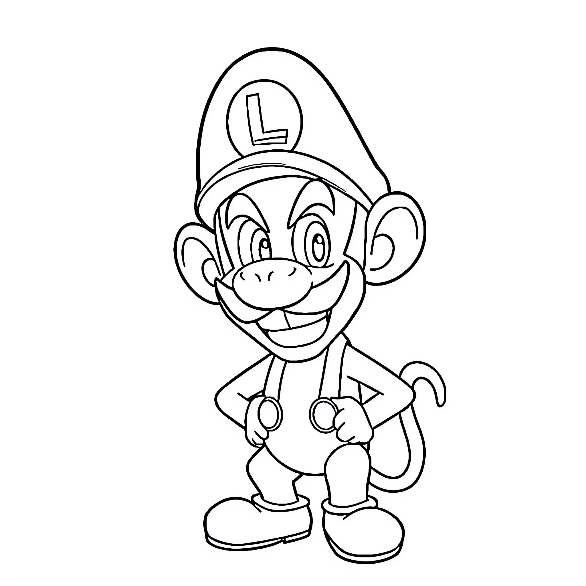 Waluigi happily posing in his iconic outfit Coloring Page (free black-and-white line drawing printable PDF for all, from beginners to advanced learners, including children, teens, adults, and seniors)