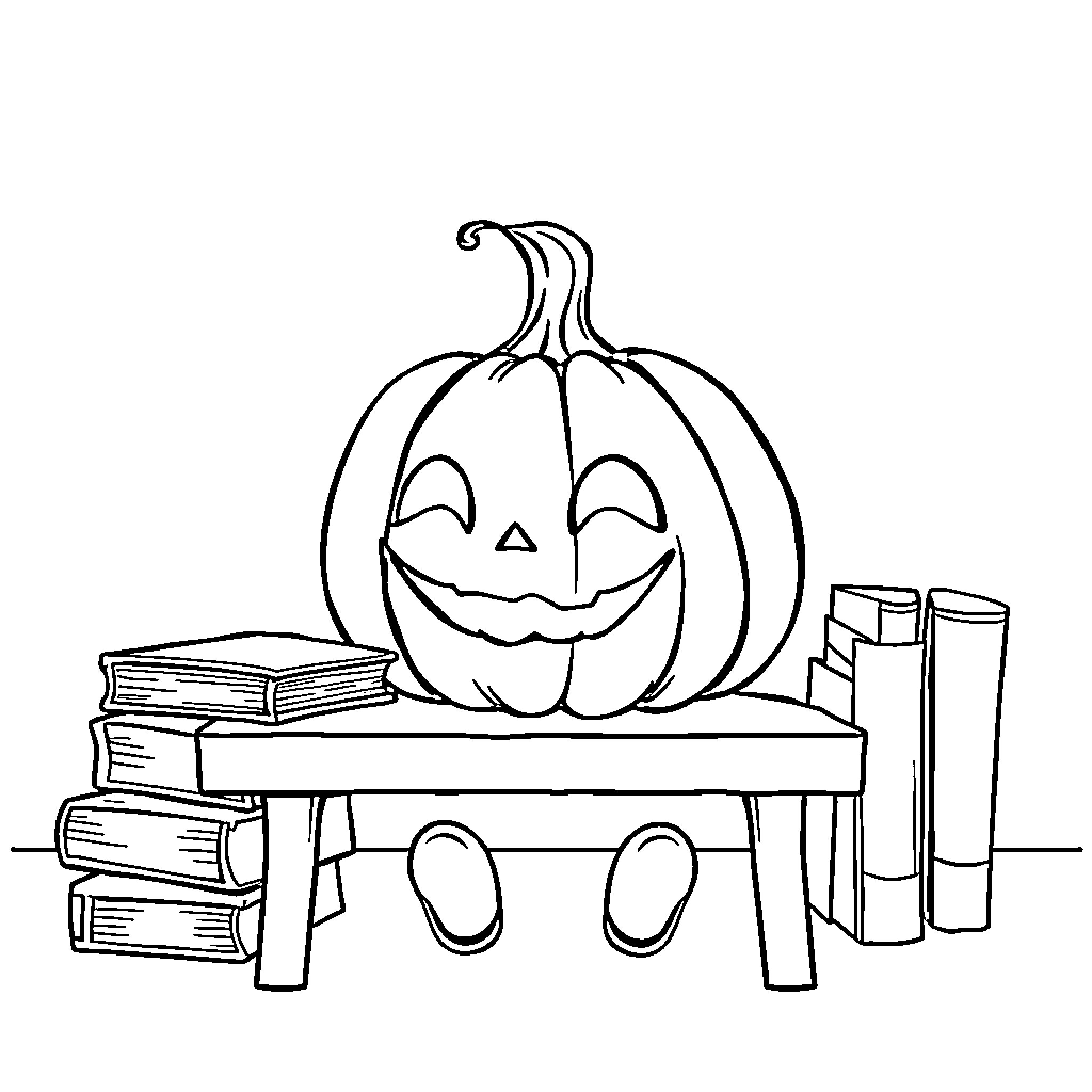 Pumpkin sitting on books with cozy autumn decor Coloring Page (free black-and-white line drawing printable PDF for all, from beginners to advanced learners, including children, teens, adults, and seniors)