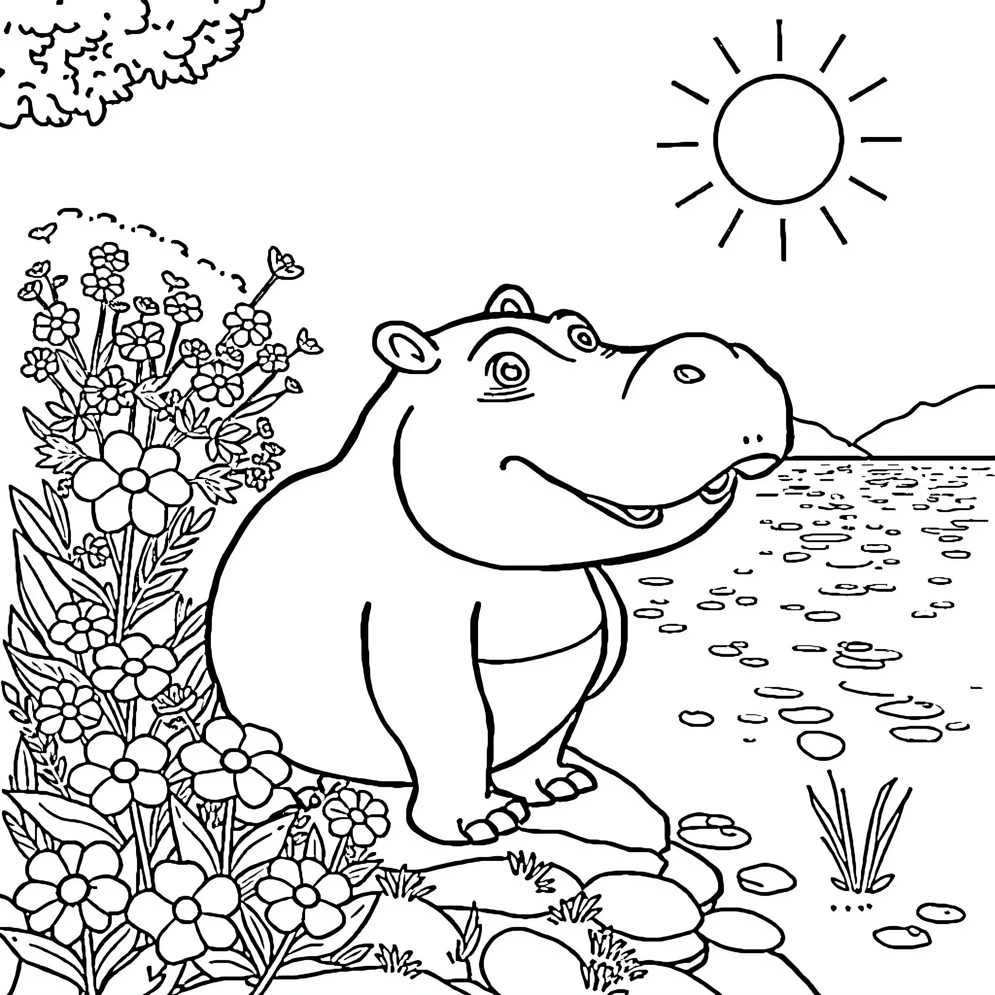 Hippopotamus enjoying nature's beauty in the sunlight Coloring Page (free black-and-white line drawing printable PDF for all, from beginners to advanced learners, including children, teens, adults, and seniors)