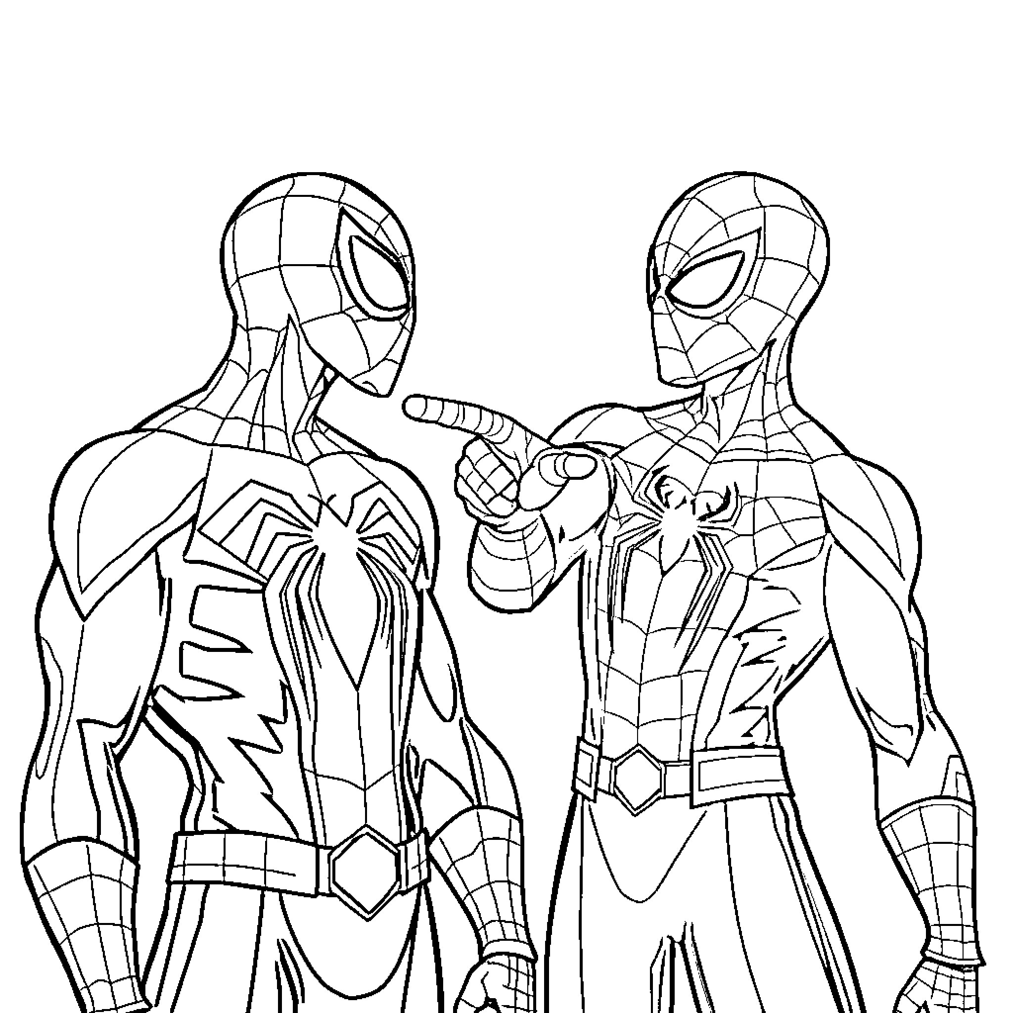 Spiderman heroes in action posing together Coloring Page (free black-and-white line drawing printable PDF for all, from beginners to advanced learners, including children, teens, adults, and seniors)