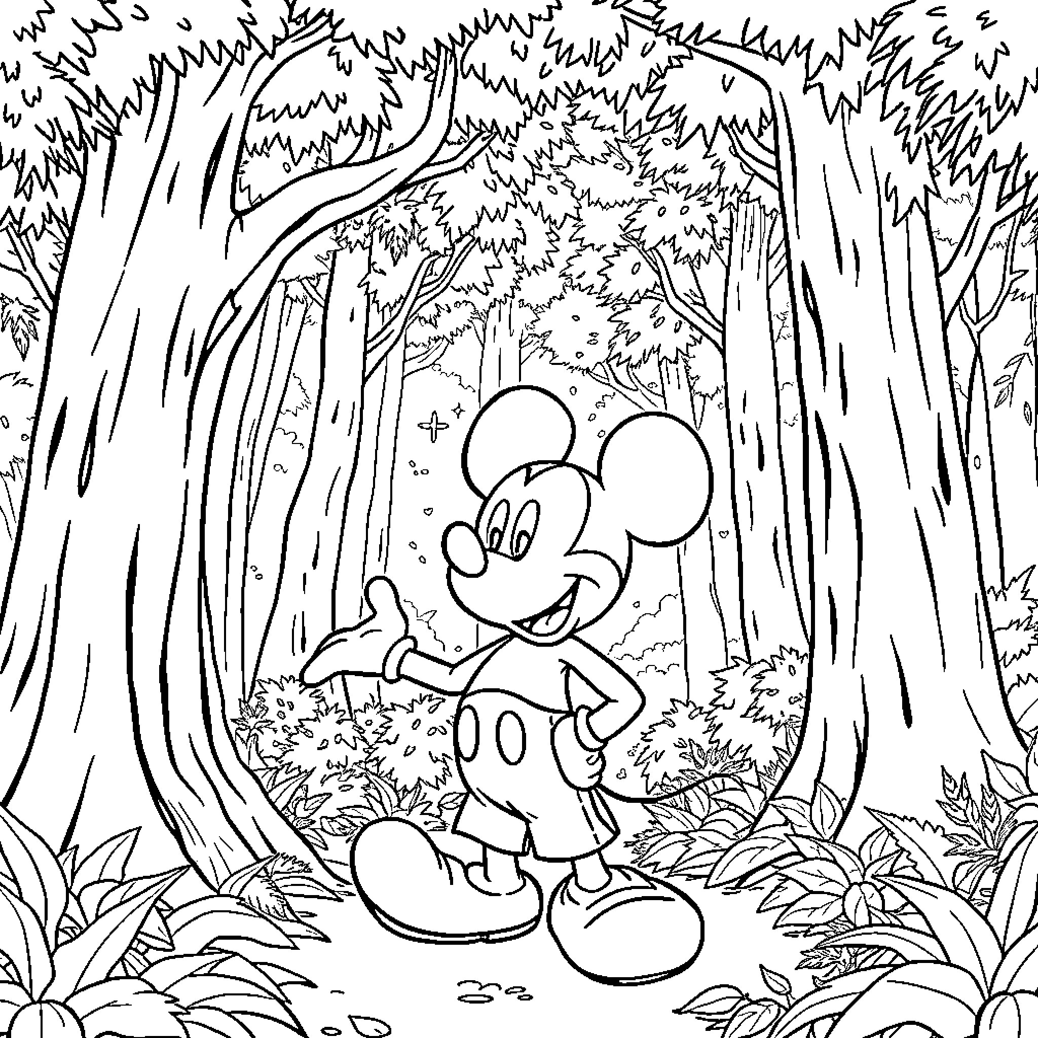 Mickey exploring the enchanted forest Coloring Page (free black-and-white line drawing printable PDF for all, from beginners to advanced learners, including children, teens, adults, and seniors)