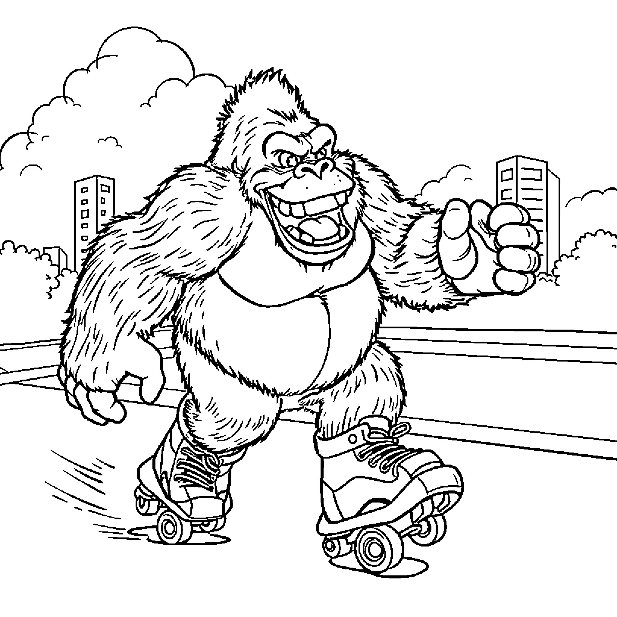 King Kong skating through the city Coloring Page (free black-and-white line drawing printable PDF for all, from beginners to advanced learners, including children, teens, adults, and seniors)
